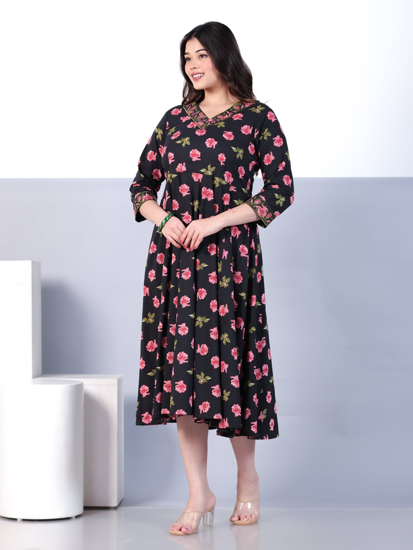 Embroidered Soft Cotton Floral Angrakha Black Dress