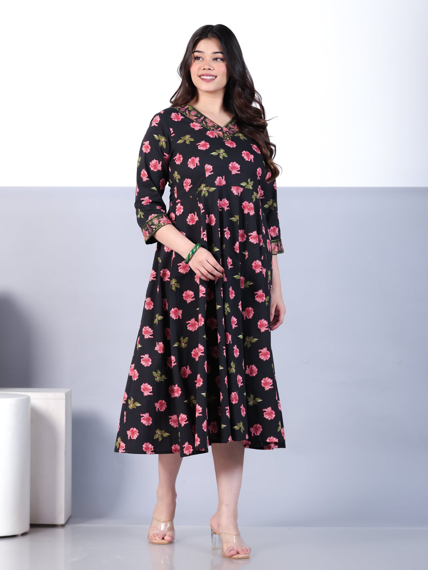 Embroidered Soft Cotton Floral Angrakha Black Dress
