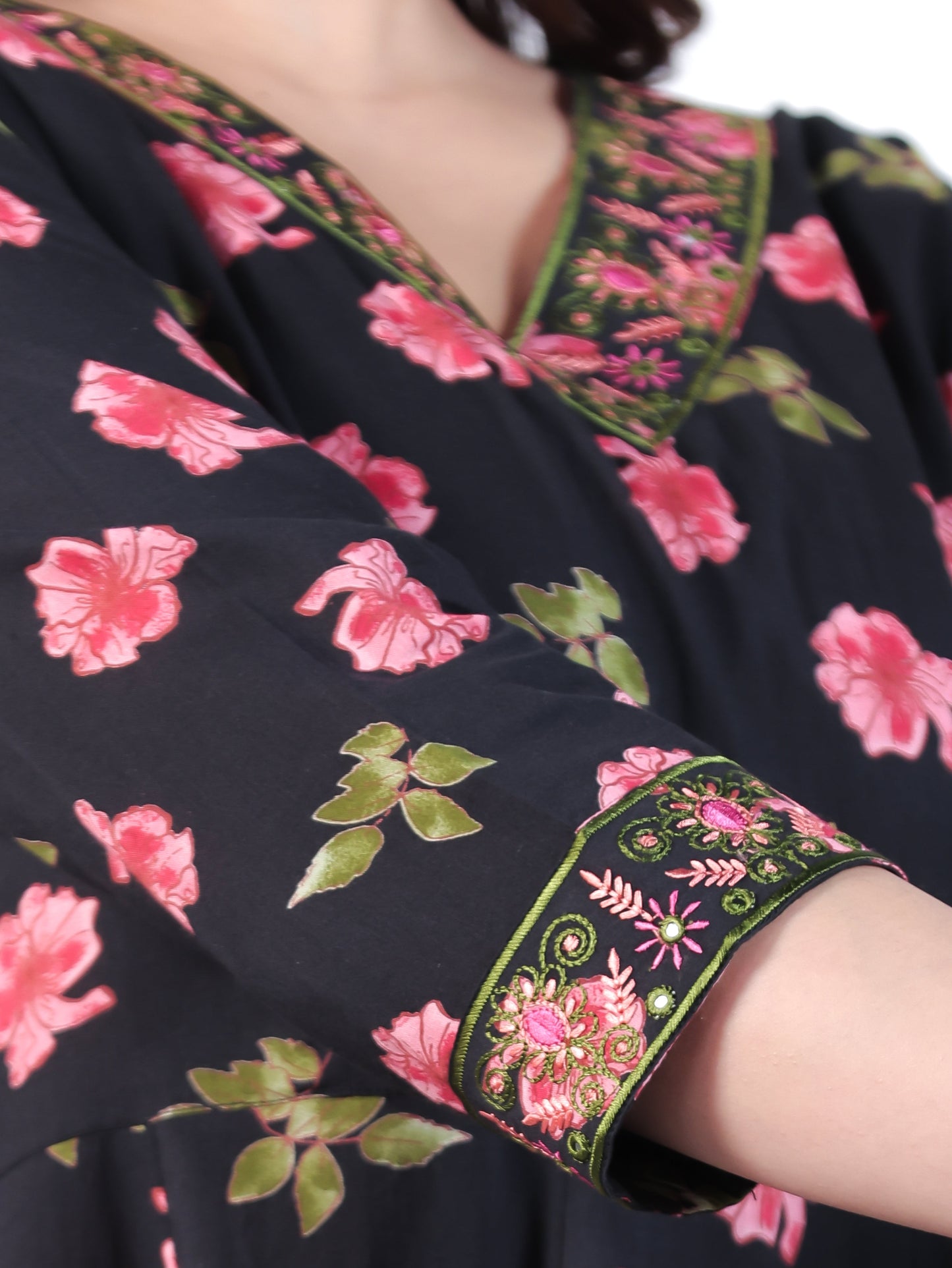 Embroidered Soft Cotton Floral Angrakha Black Dress