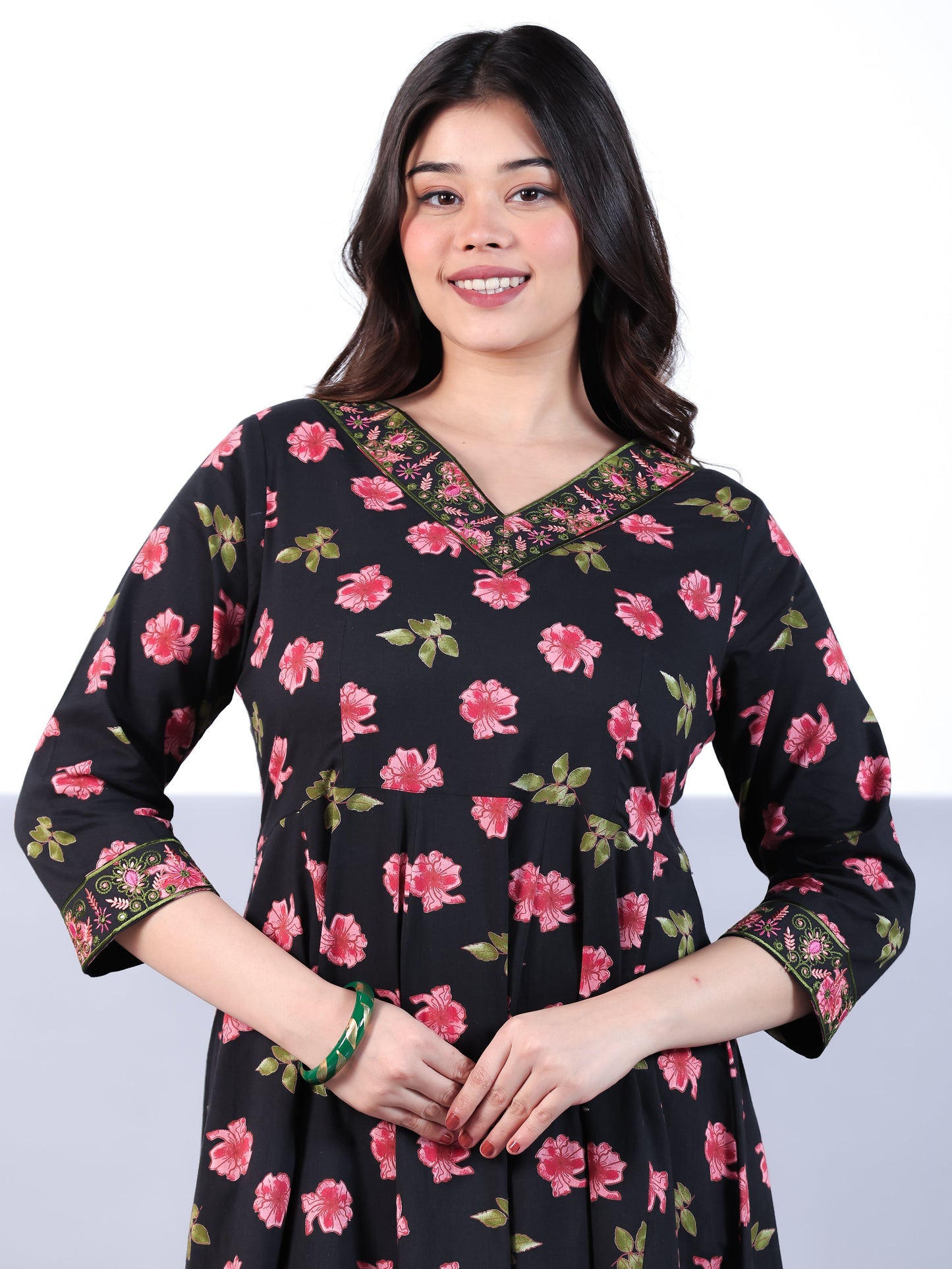 Embroidered Soft Cotton Floral Angrakha Black Dress