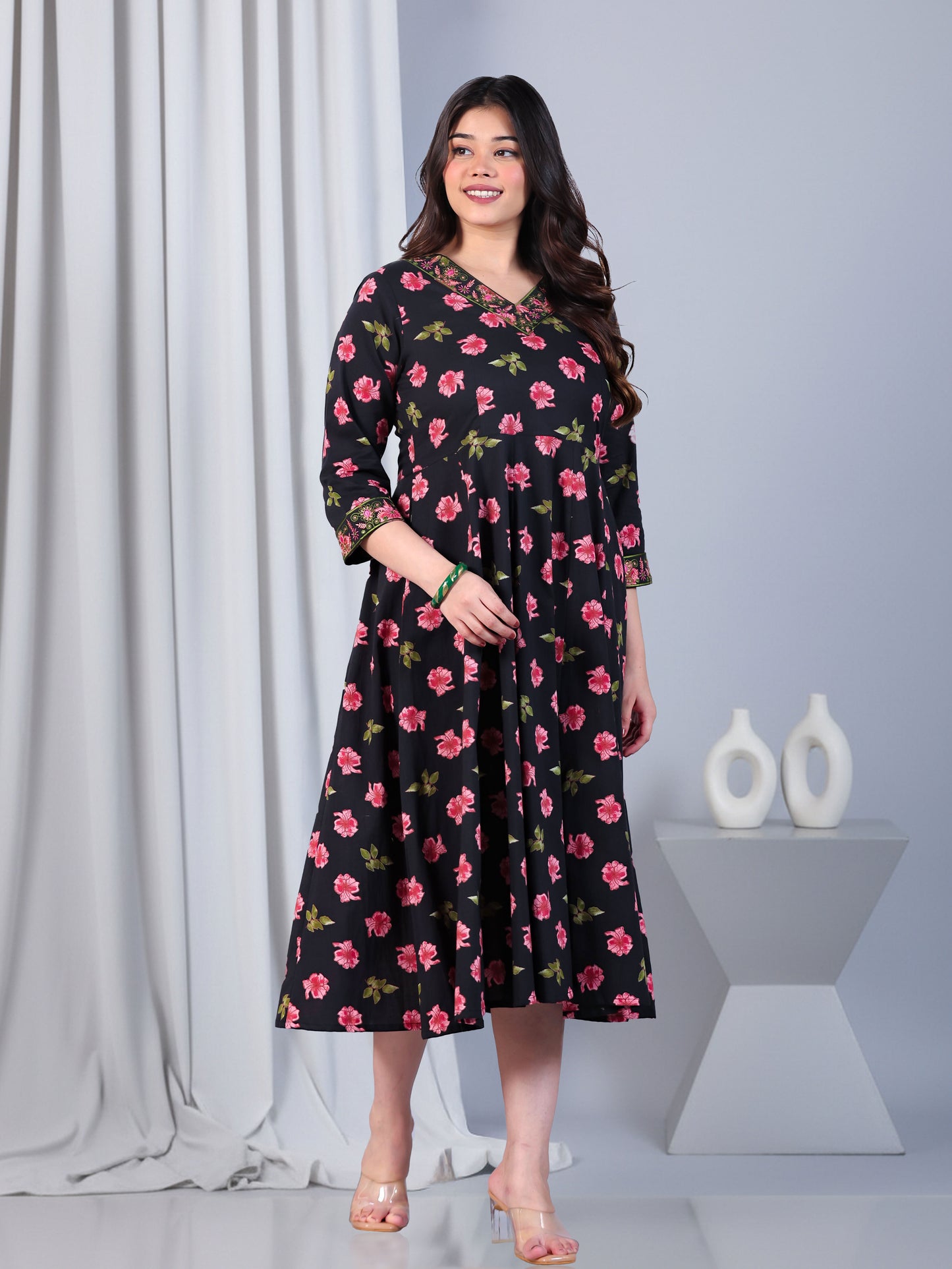 Embroidered Soft Cotton Floral Angrakha Black Dress