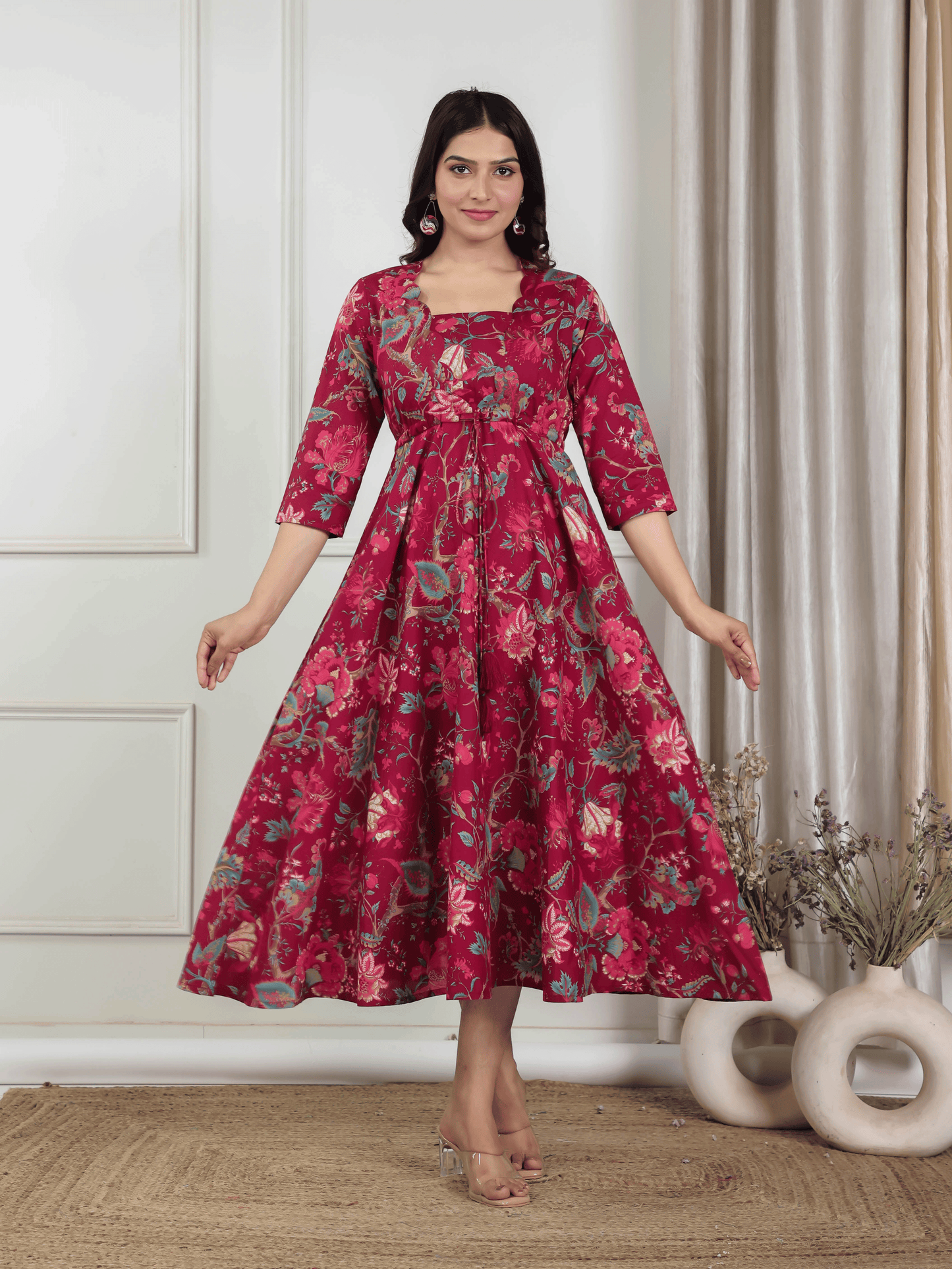 Soft Cotton Floral Anarkali Maroon Dress