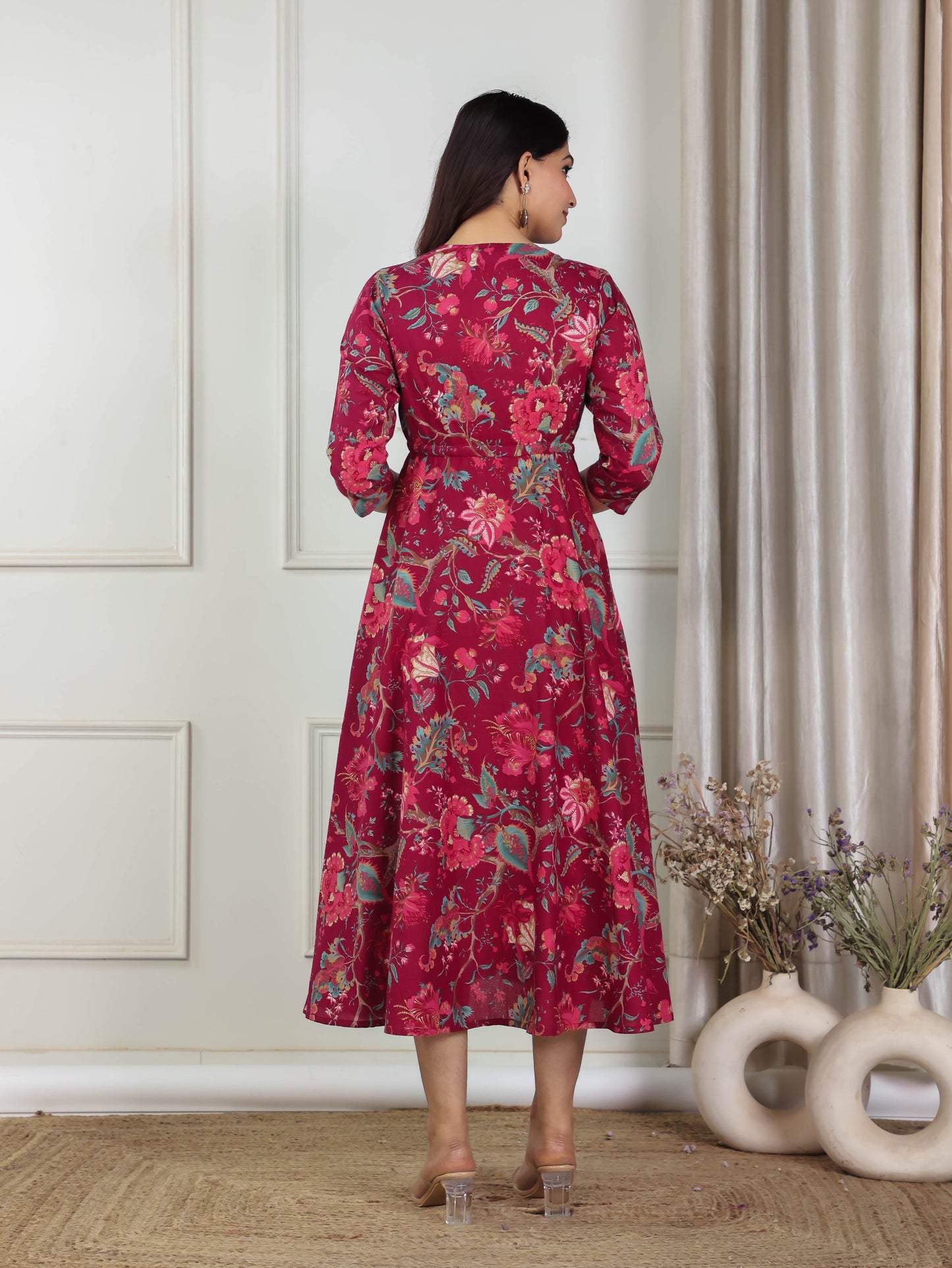 Soft Cotton Floral Anarkali Maroon Dress