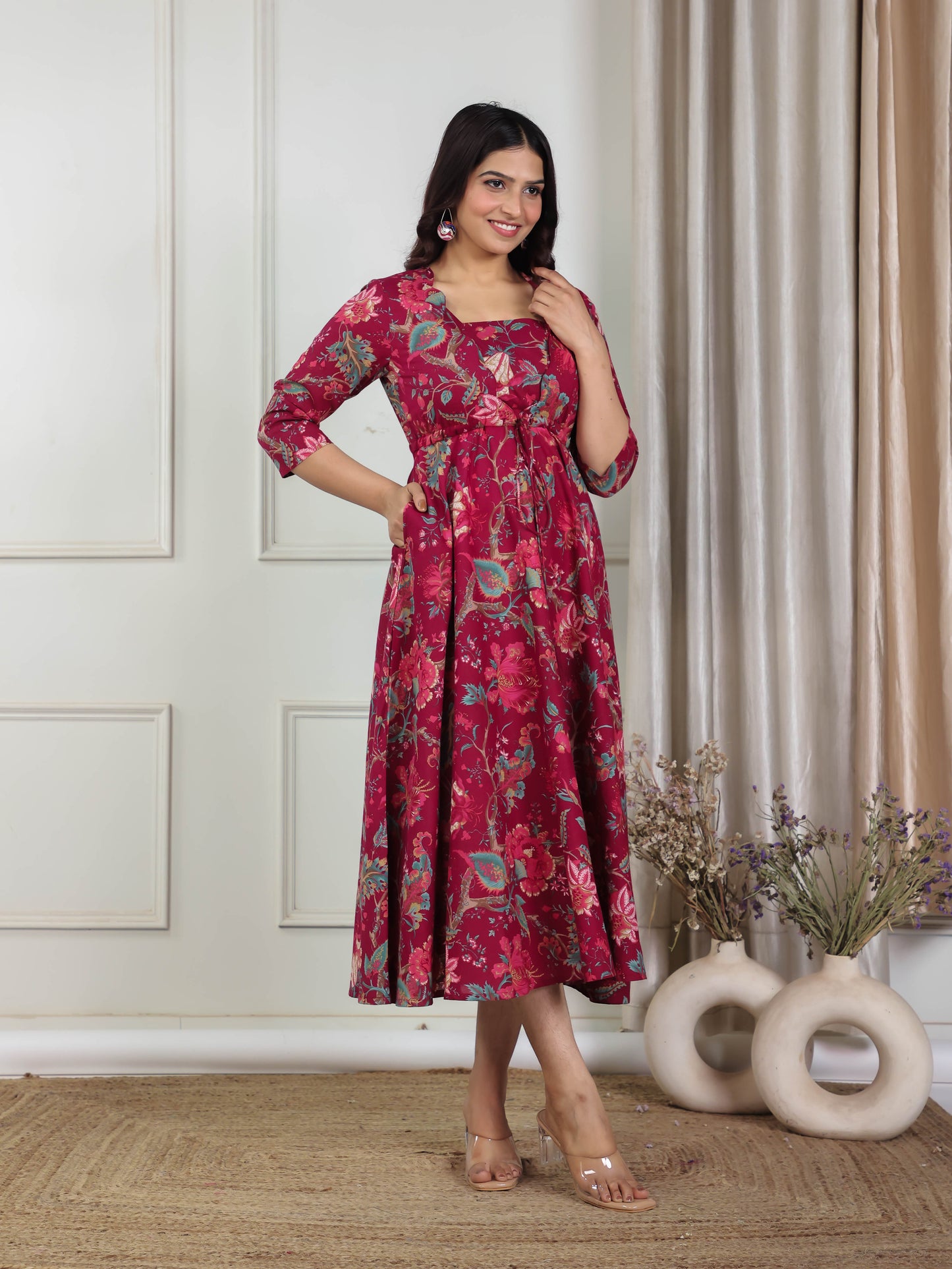 Soft Cotton Floral Anarkali Maroon Dress