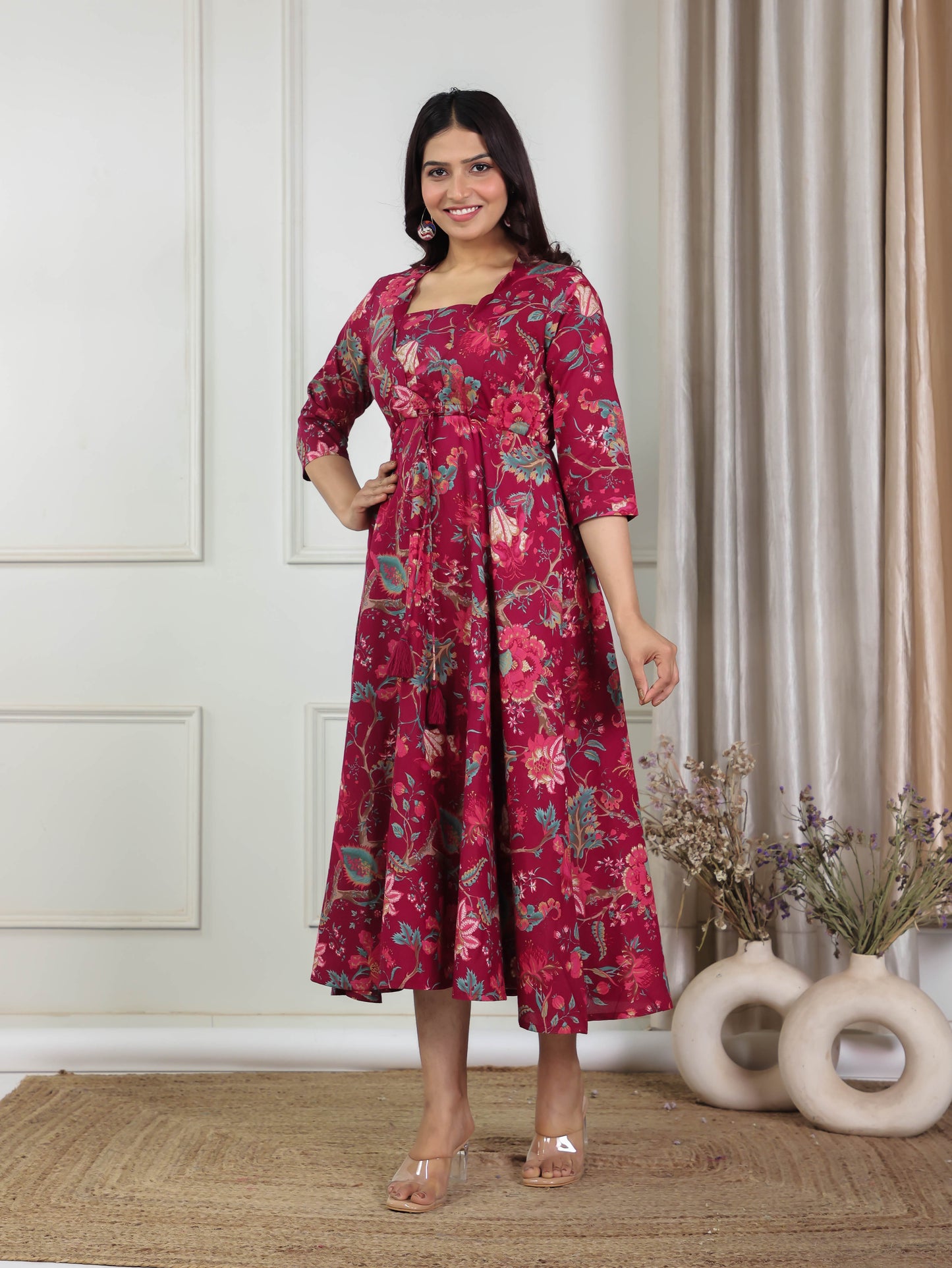 Soft Cotton Floral Anarkali Maroon Dress