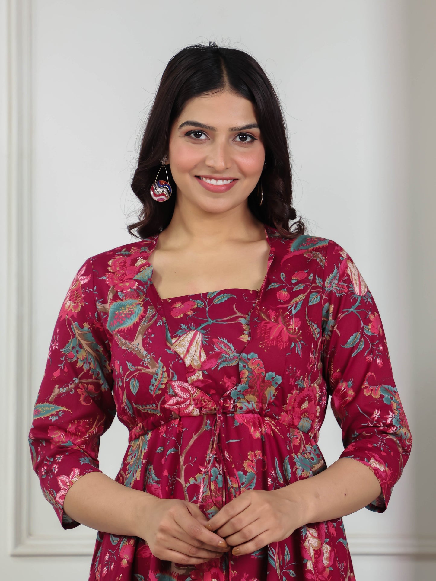 Soft Cotton Floral Anarkali Maroon Dress