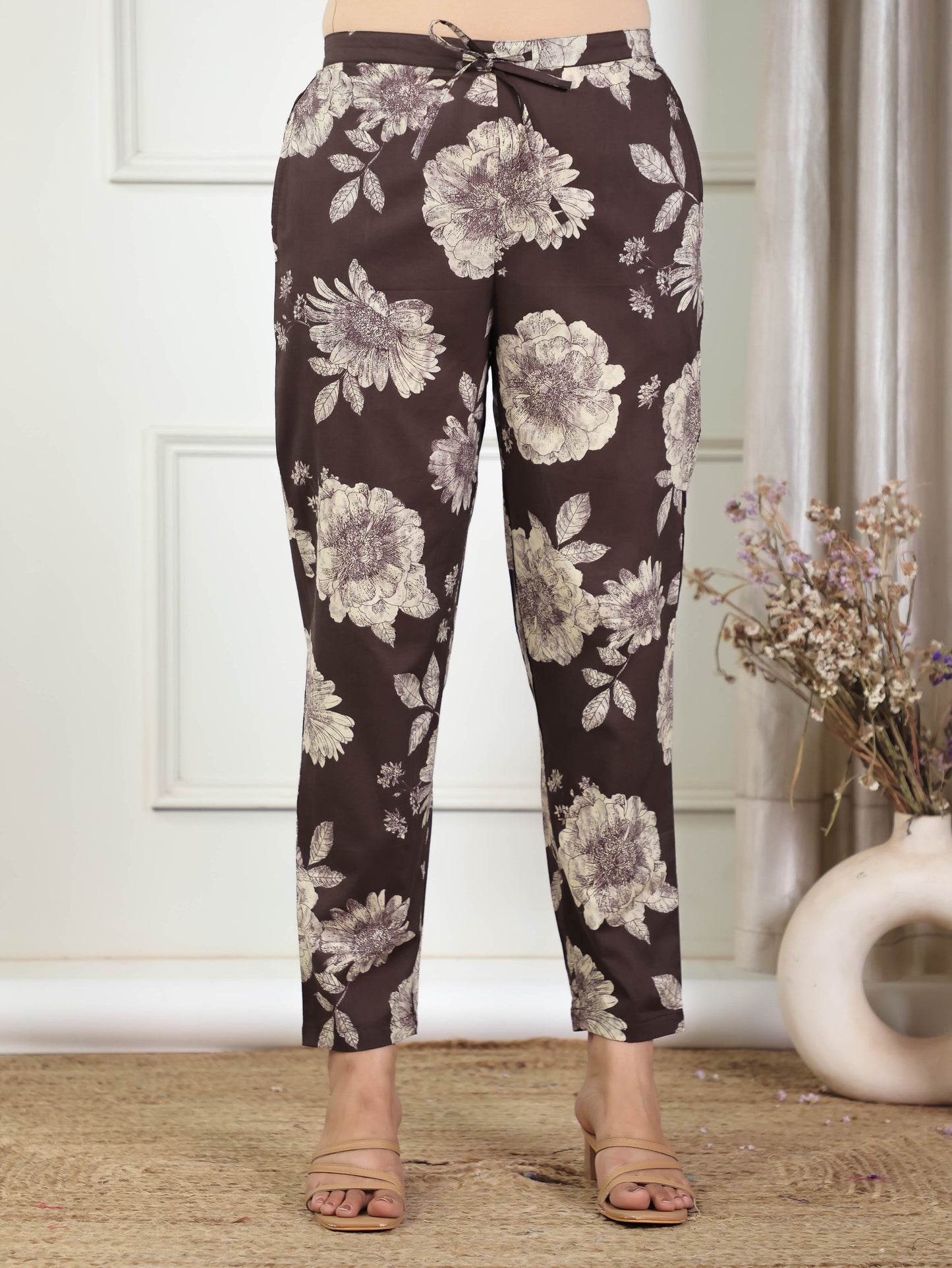 Soft Cotton Floral Brown Tapered Trousers