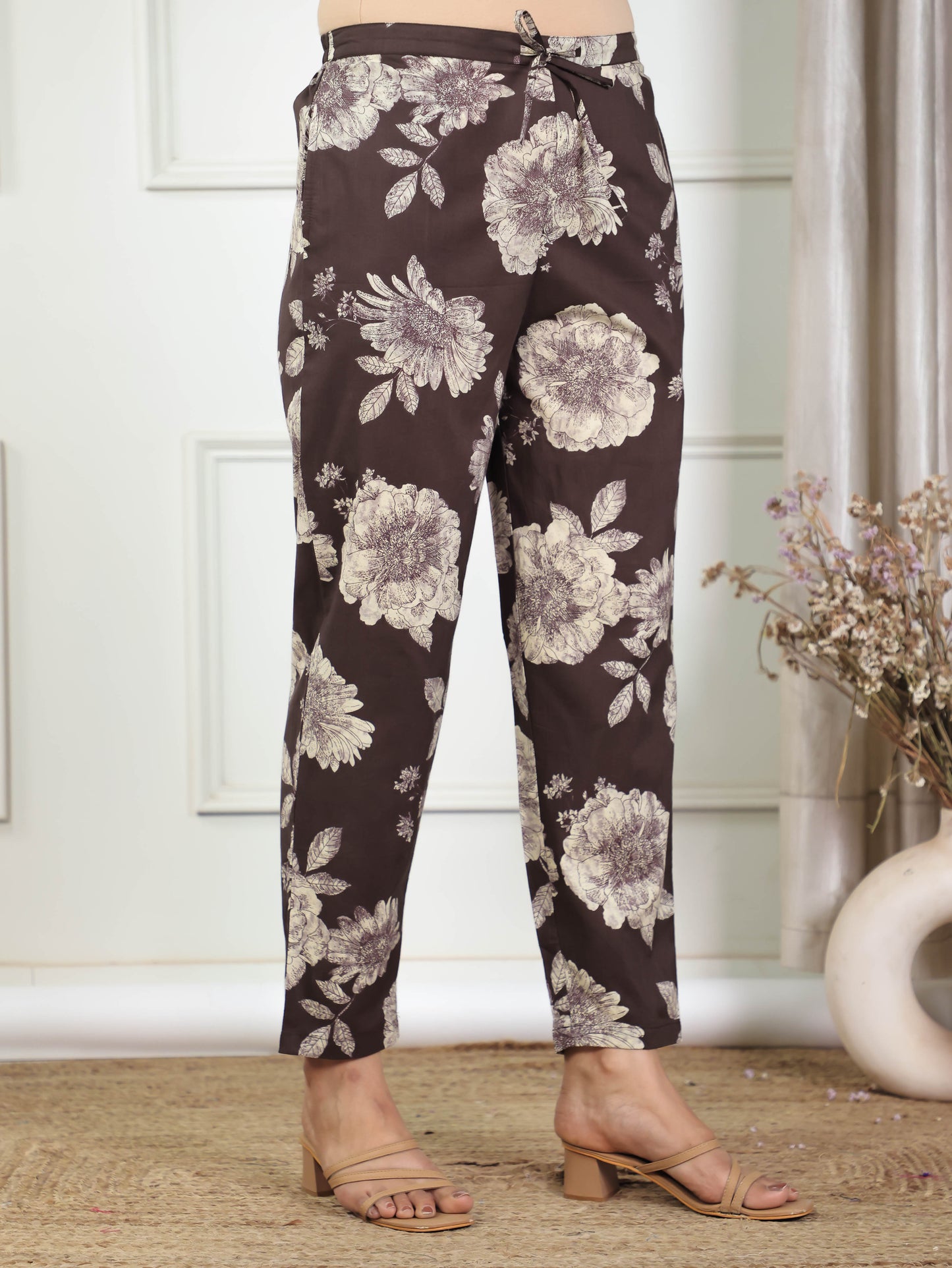Soft Cotton Floral Brown Tapered Trousers