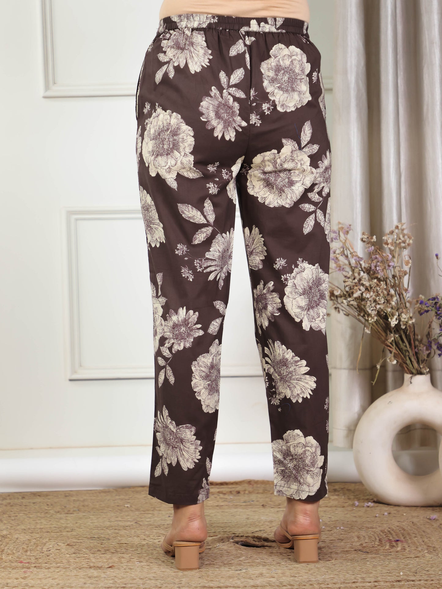 Soft Cotton Floral Brown Tapered Trousers