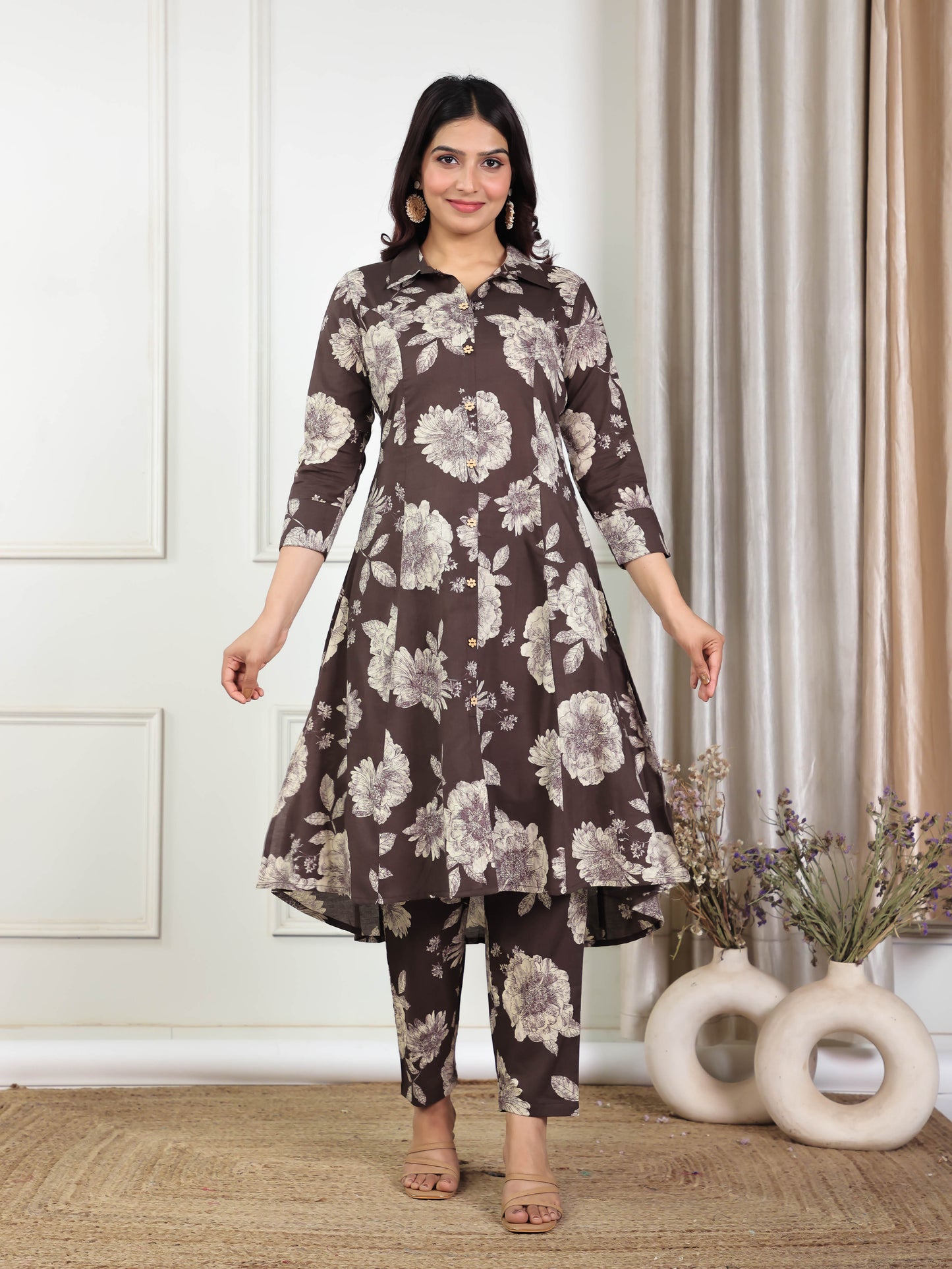 Soft Cotton Floral High Low Brown Kurta