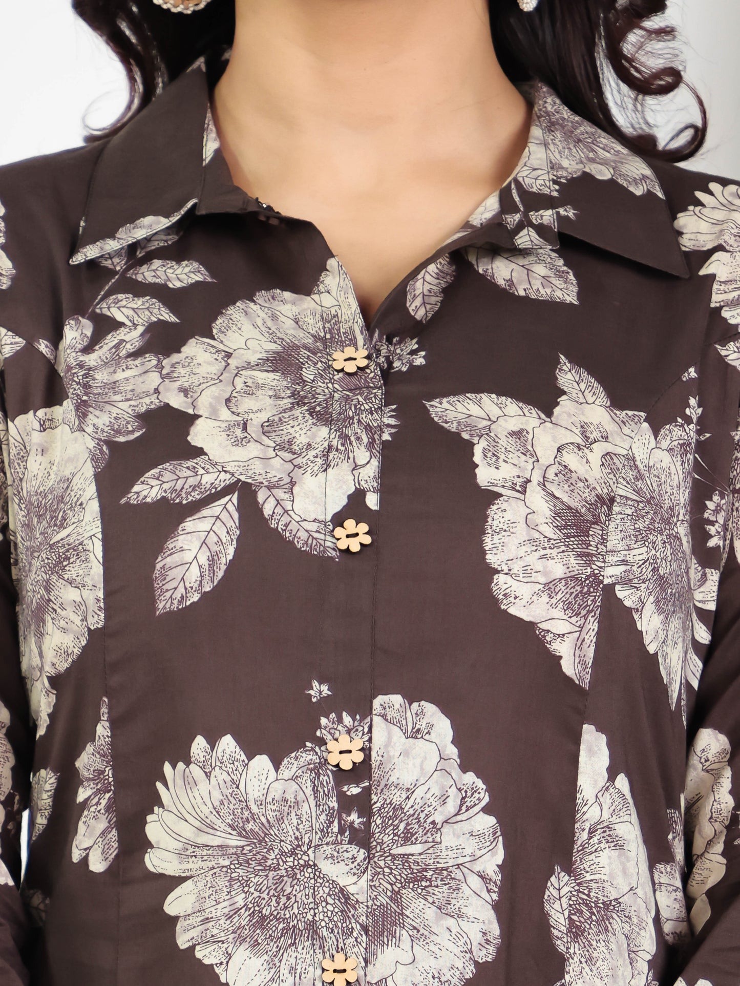 Soft Cotton Floral High Low Brown Kurta