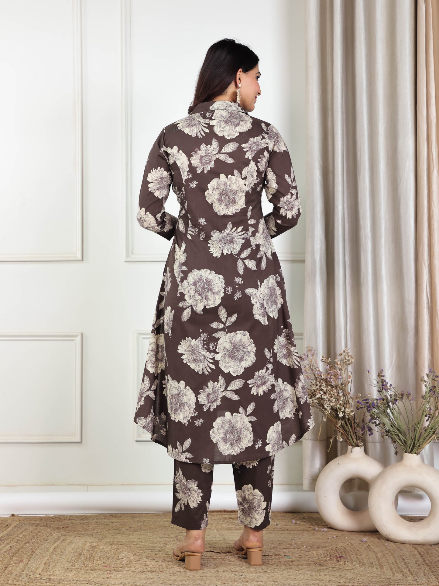 Soft Cotton Floral High Low Brown Kurta