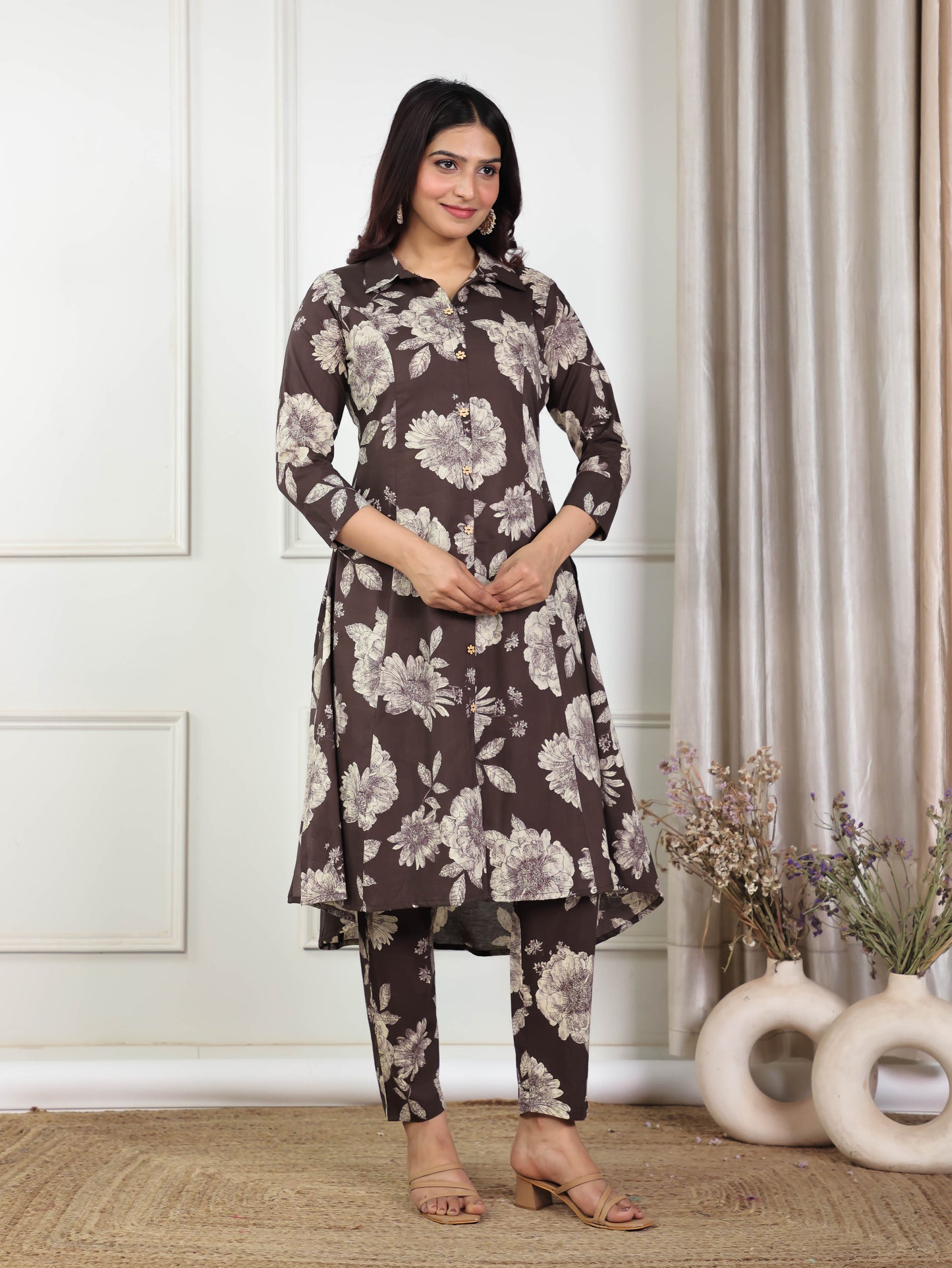 Soft Cotton Floral High Low Brown Kurta