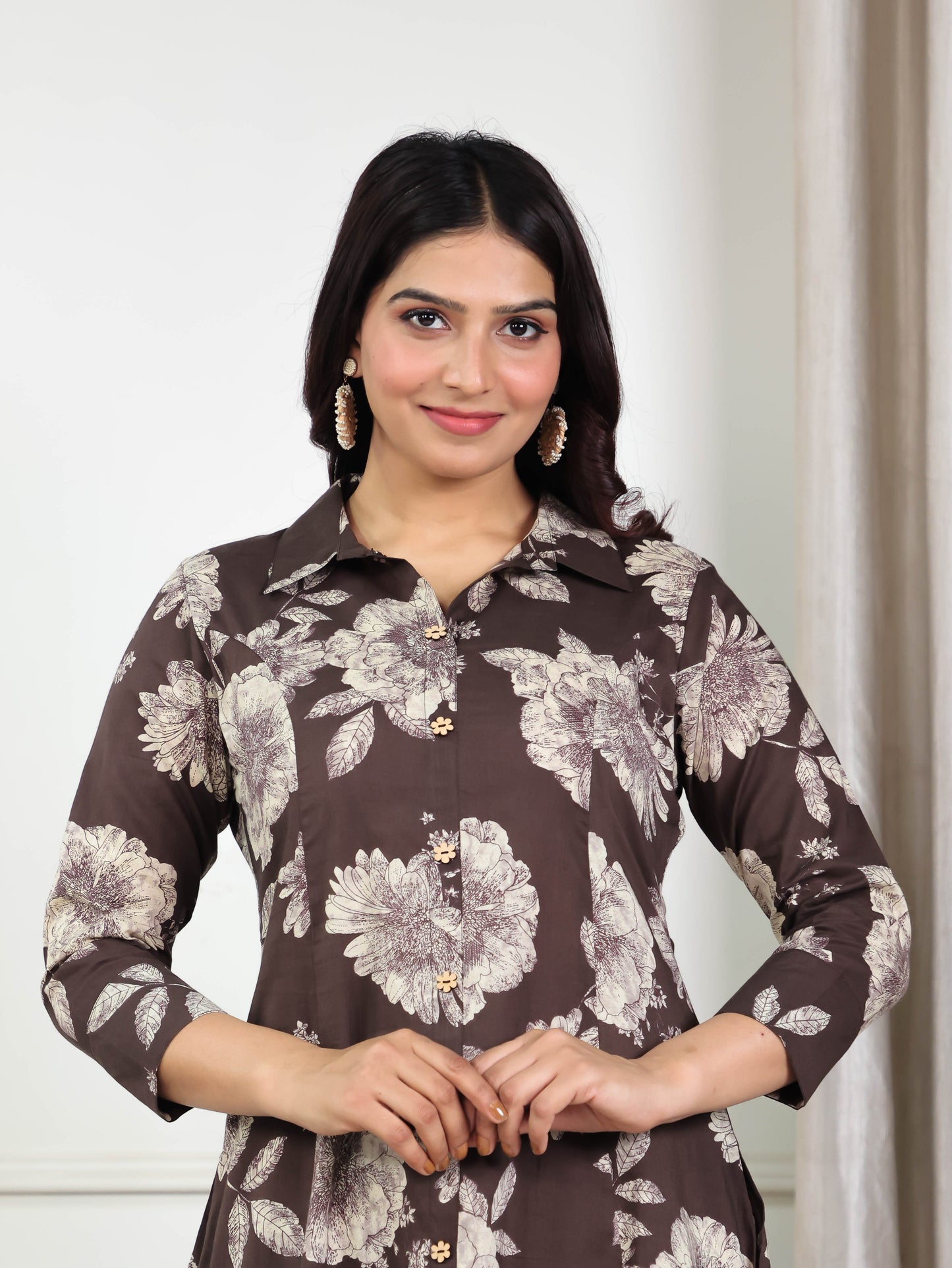 Soft Cotton Floral High Low Brown Kurta