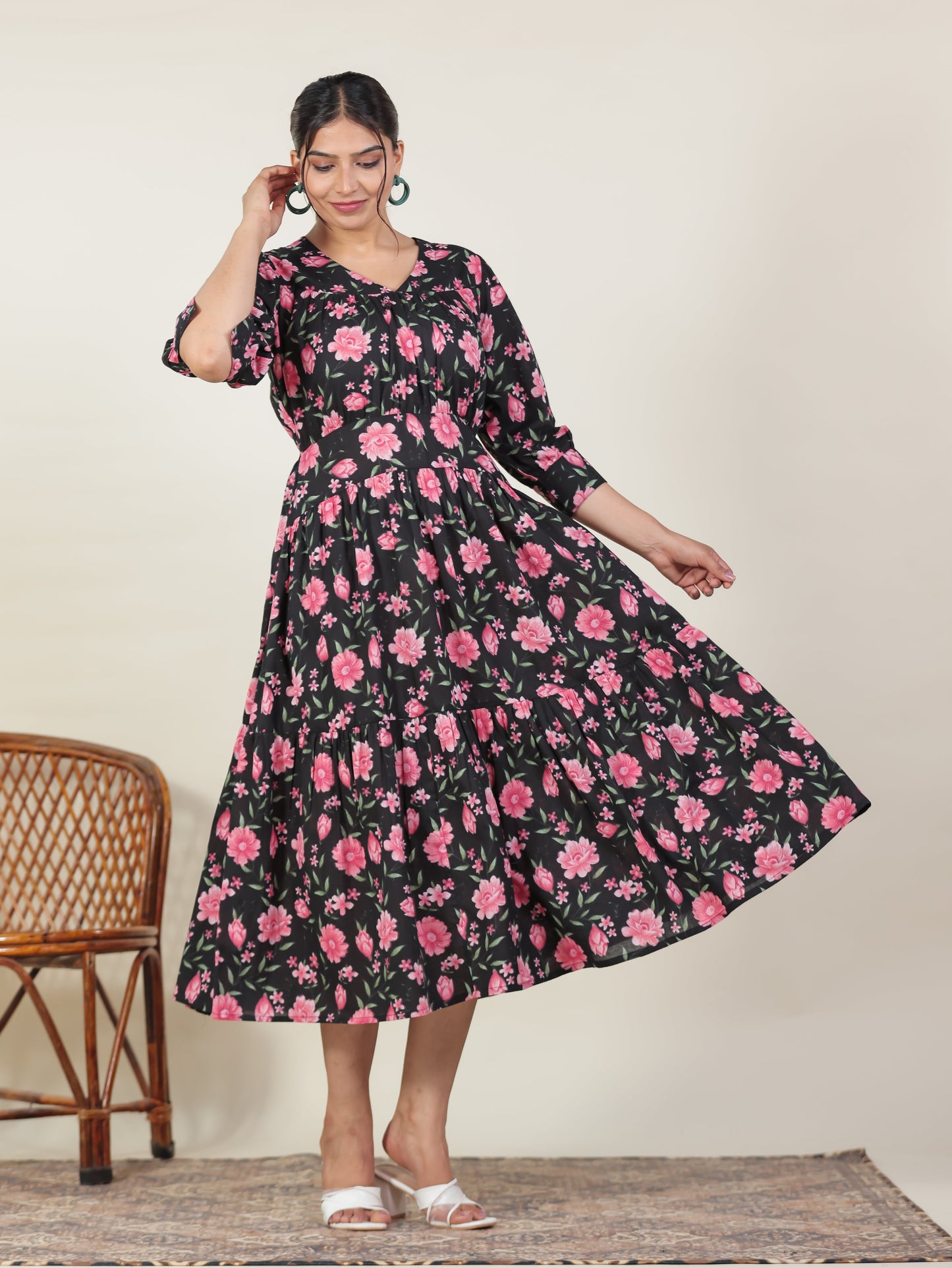 Soft Cotton Floral Gathered Black Dress