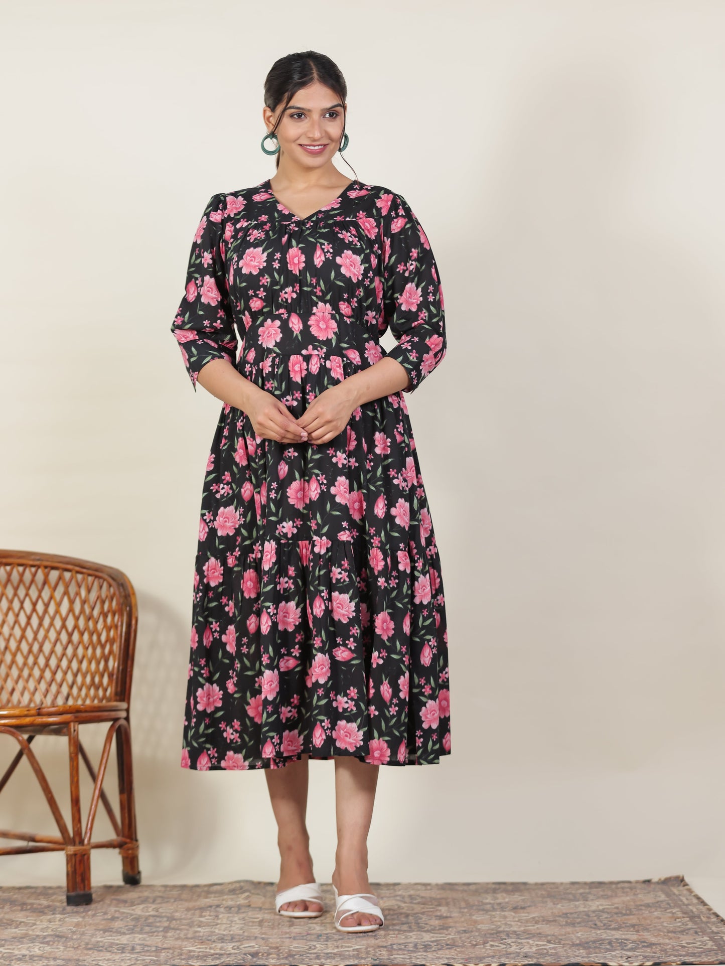 Soft Cotton Floral Gathered Black Dress
