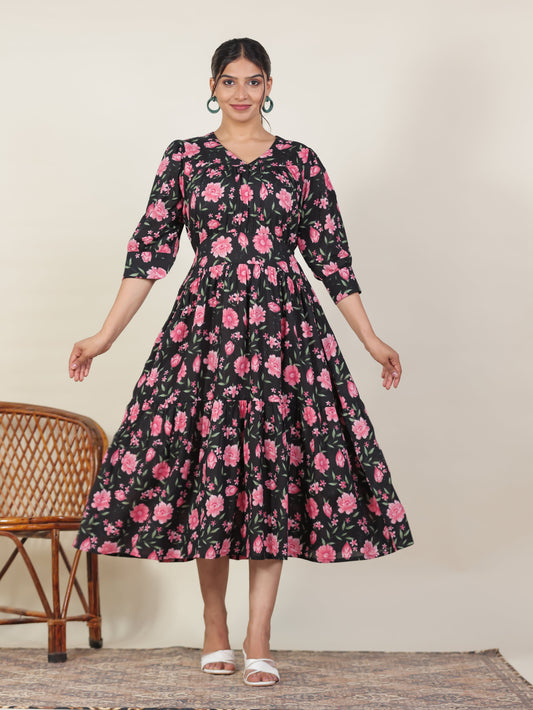 Soft Cotton Floral Gathered Black Dress