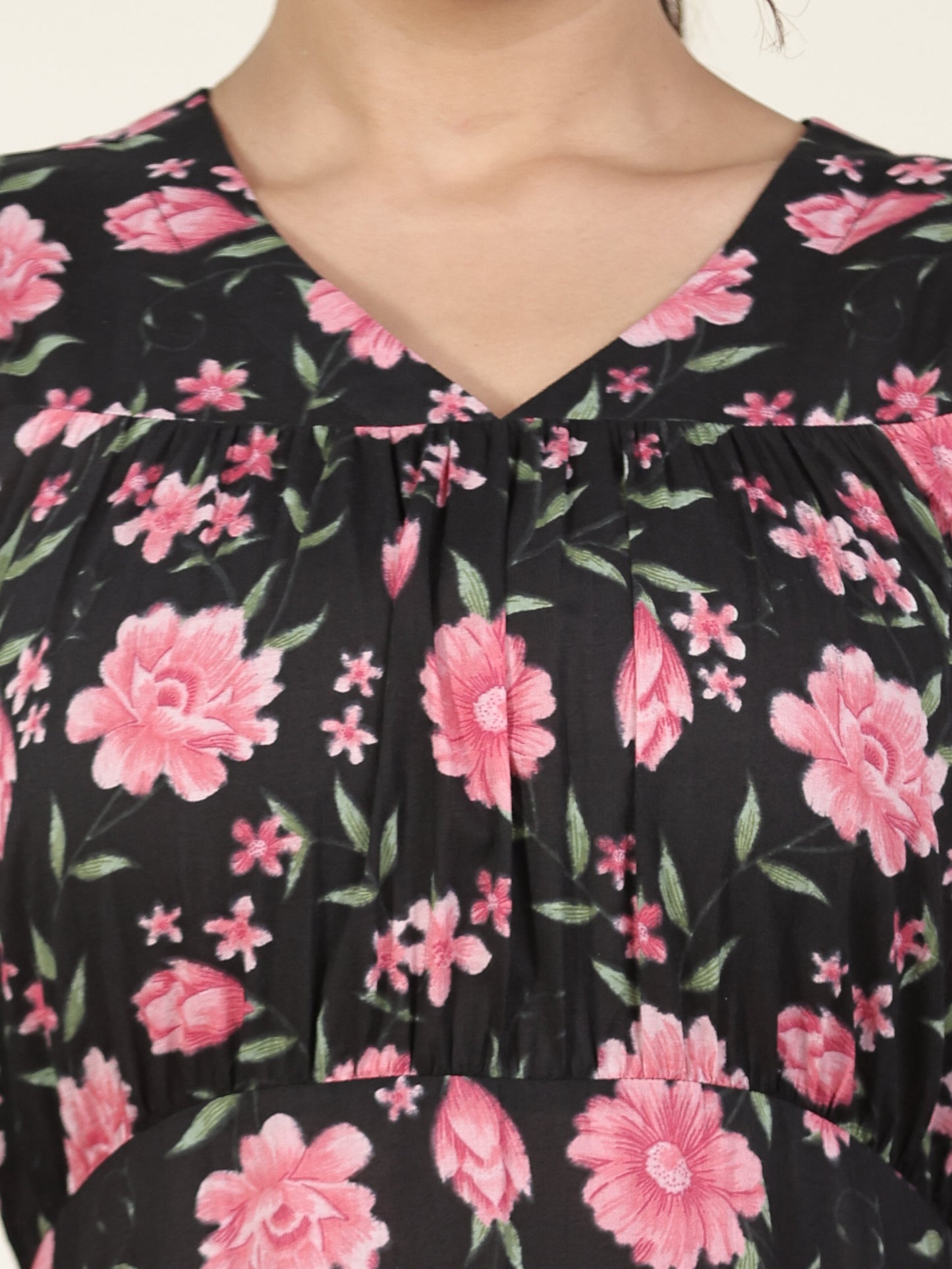 Soft Cotton Floral Gathered Black Dress
