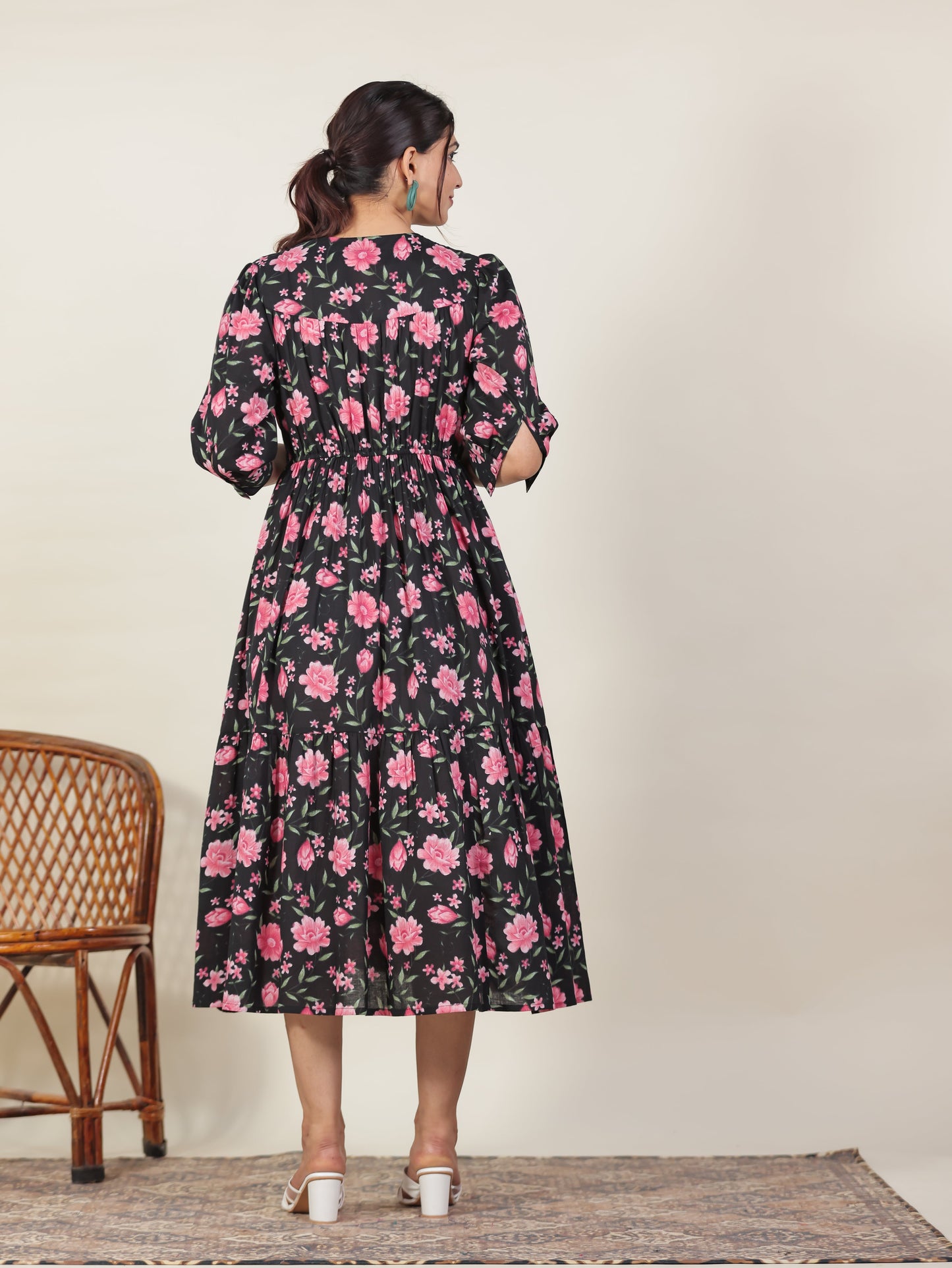 Soft Cotton Floral Gathered Black Dress