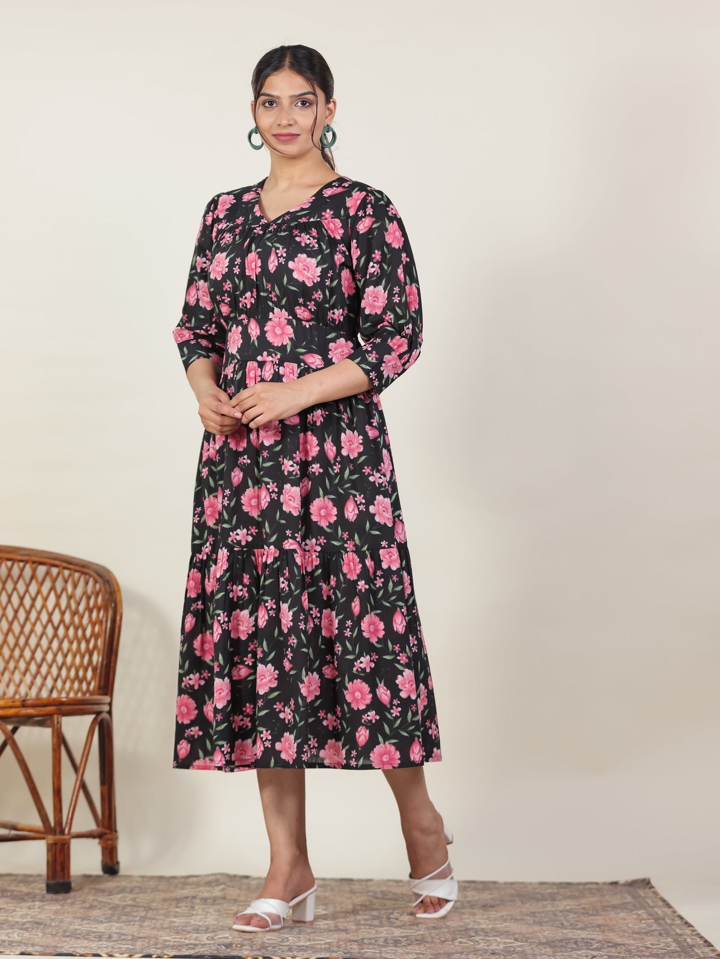 Soft Cotton Floral Gathered Black Dress