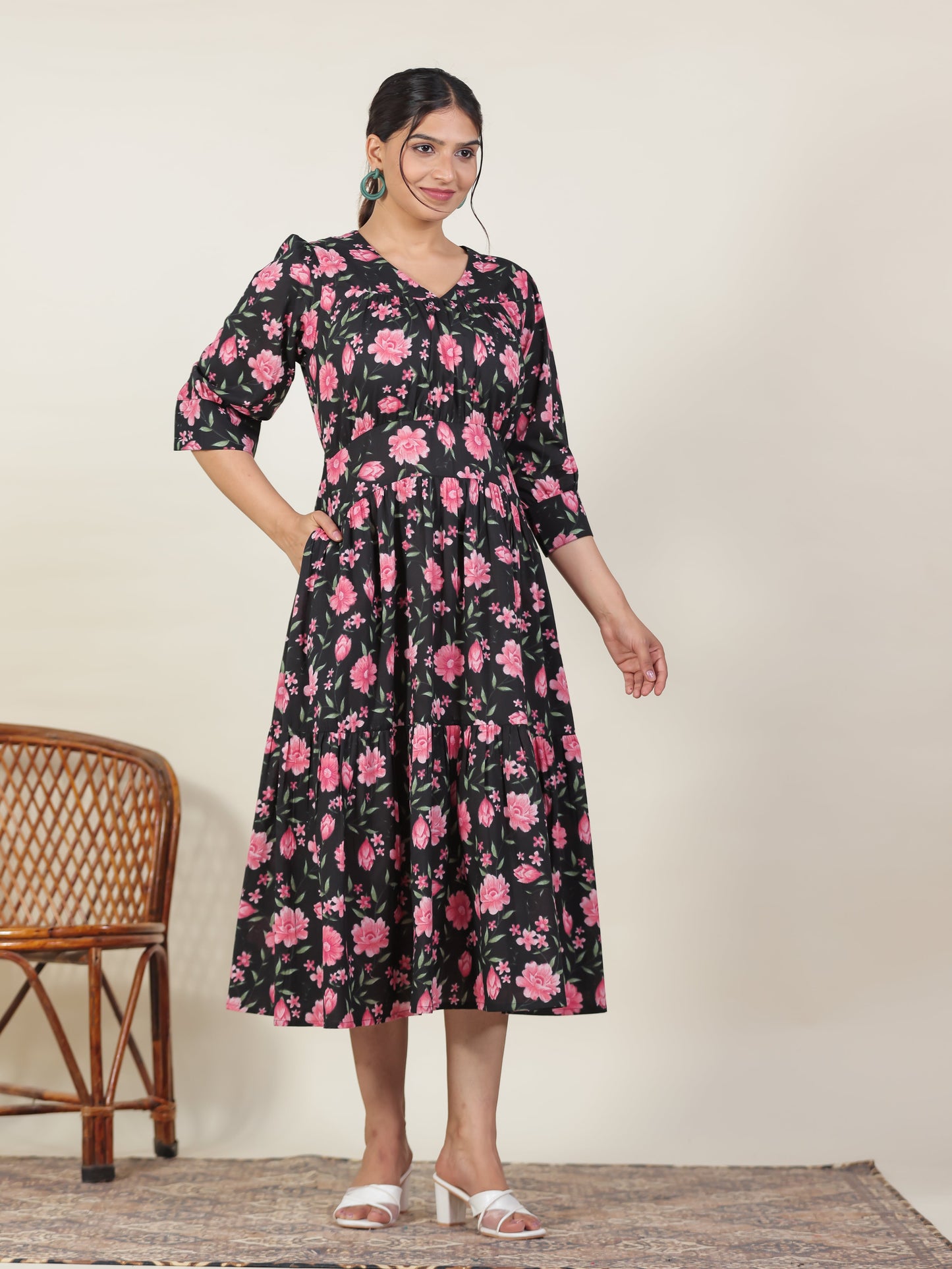Soft Cotton Floral Gathered Black Dress