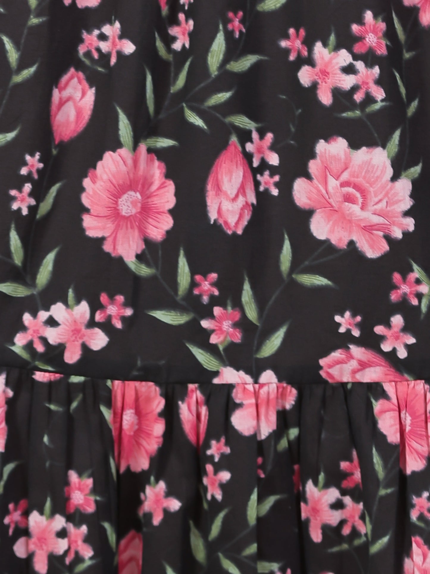 Soft Cotton Floral Gathered Black Dress