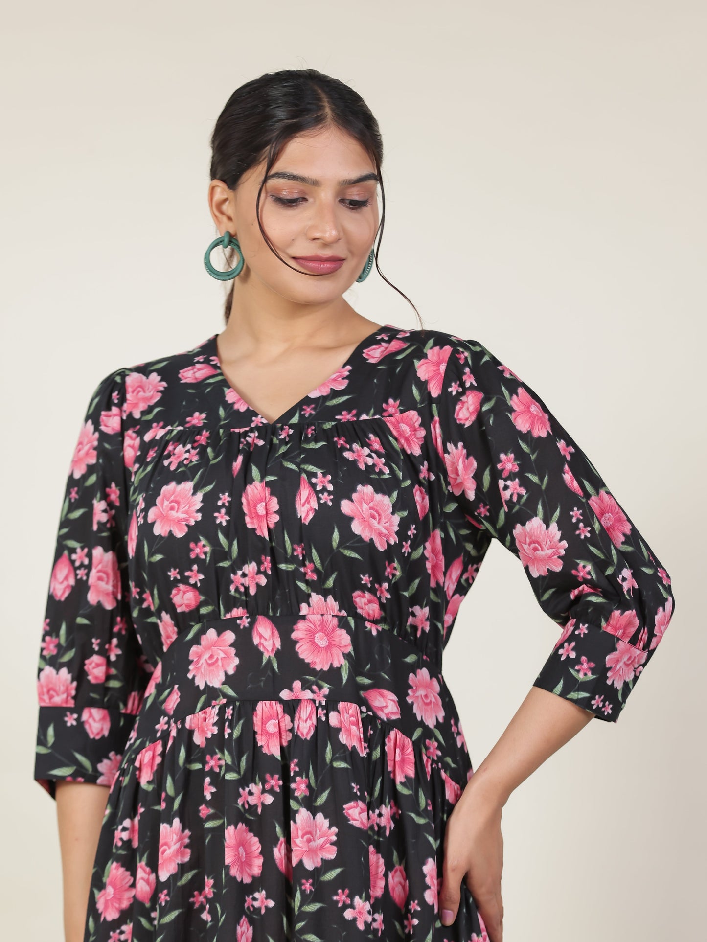 Soft Cotton Floral Gathered Black Dress