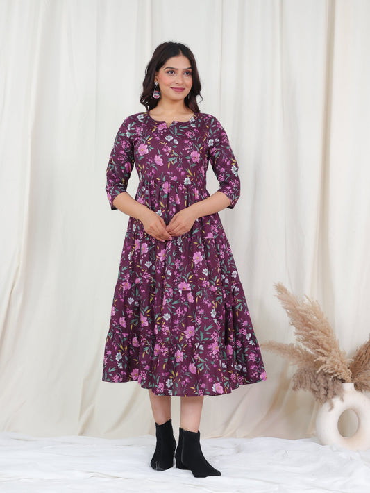 Soft Cotton Floral Anarkali Wine Dress