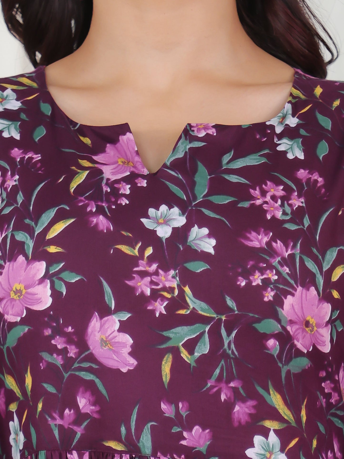 Soft Cotton Floral Anarkali Wine Dress