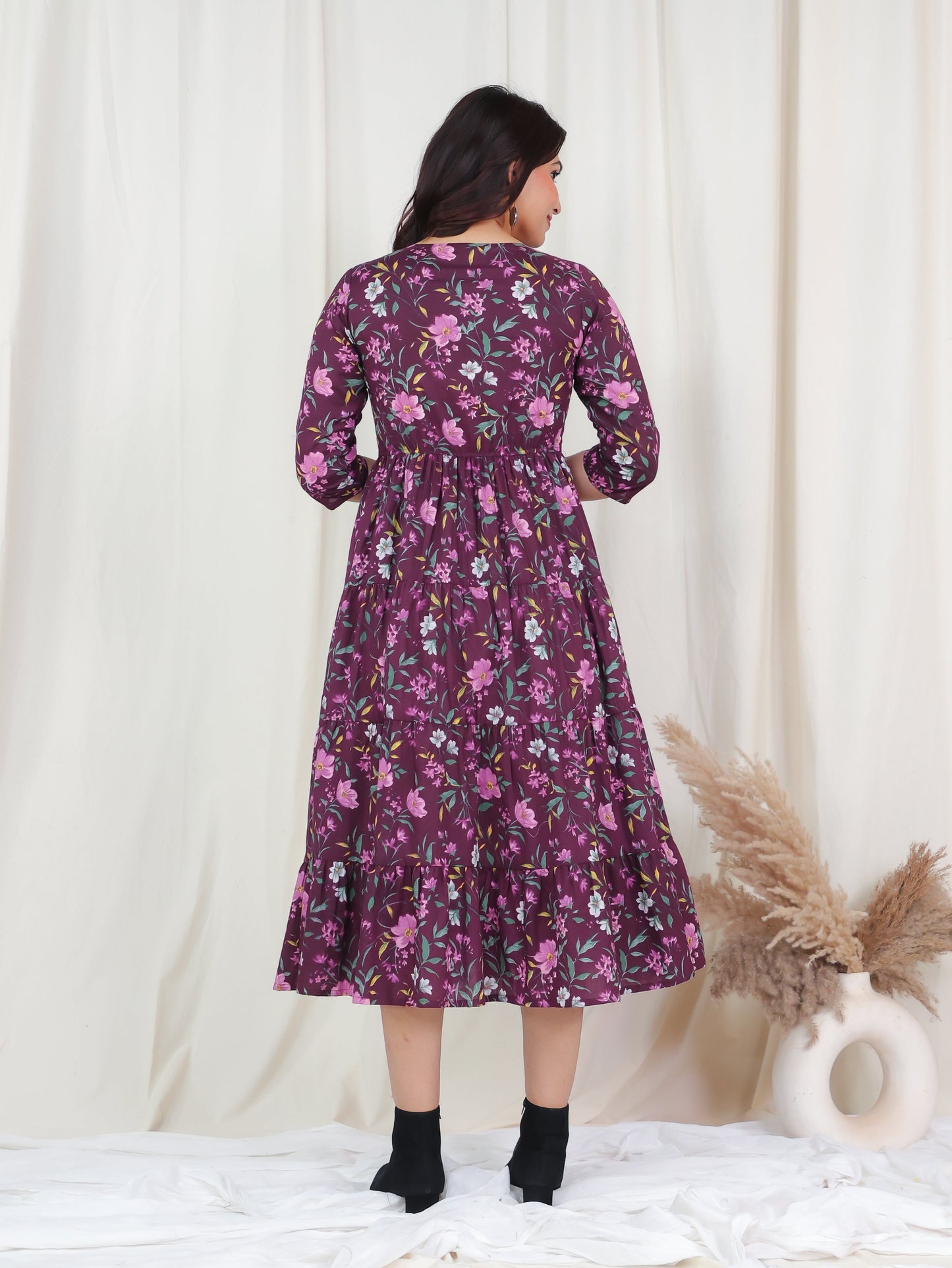 Soft Cotton Floral Anarkali Wine Dress