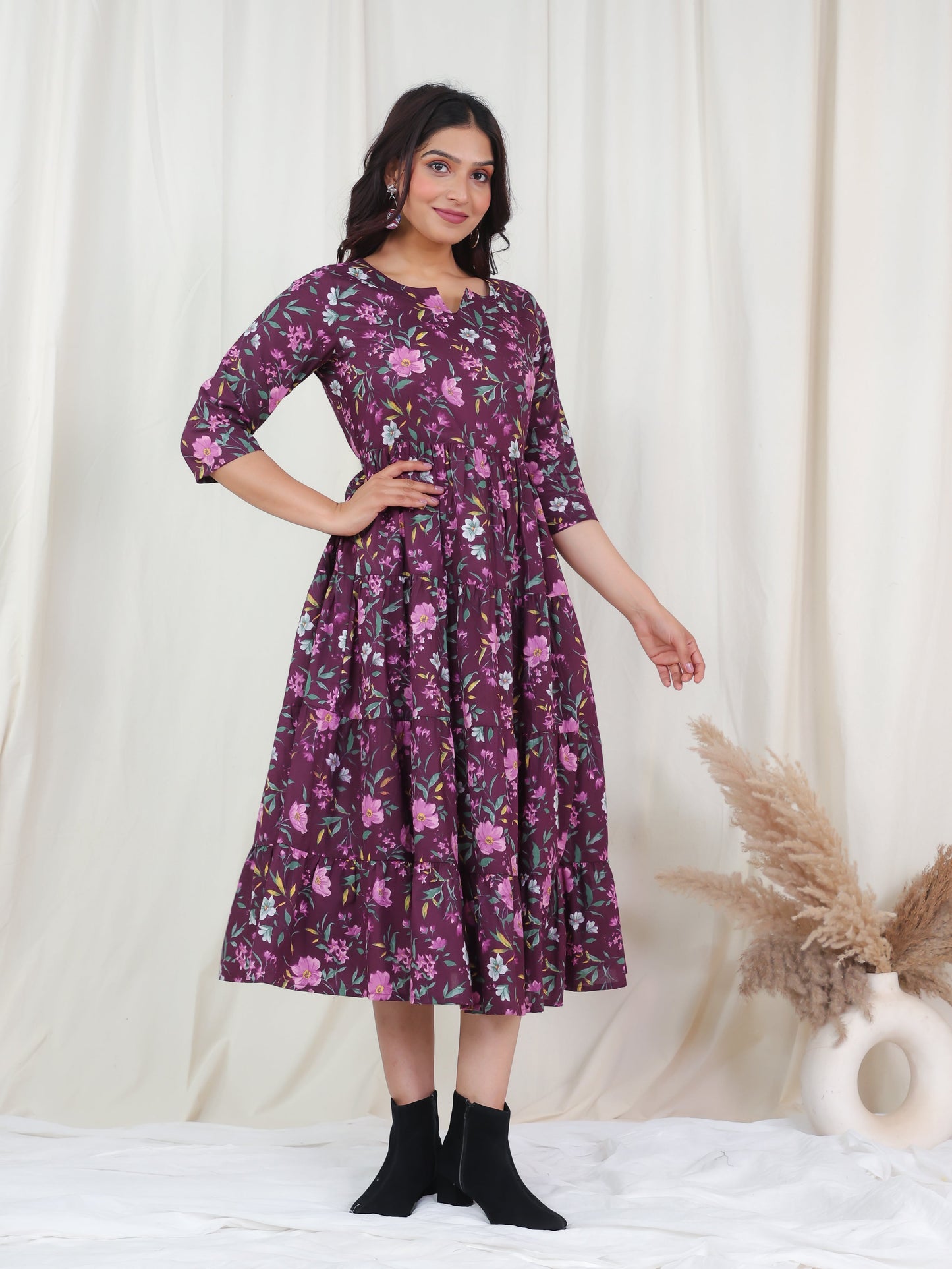 Soft Cotton Floral Anarkali Wine Dress