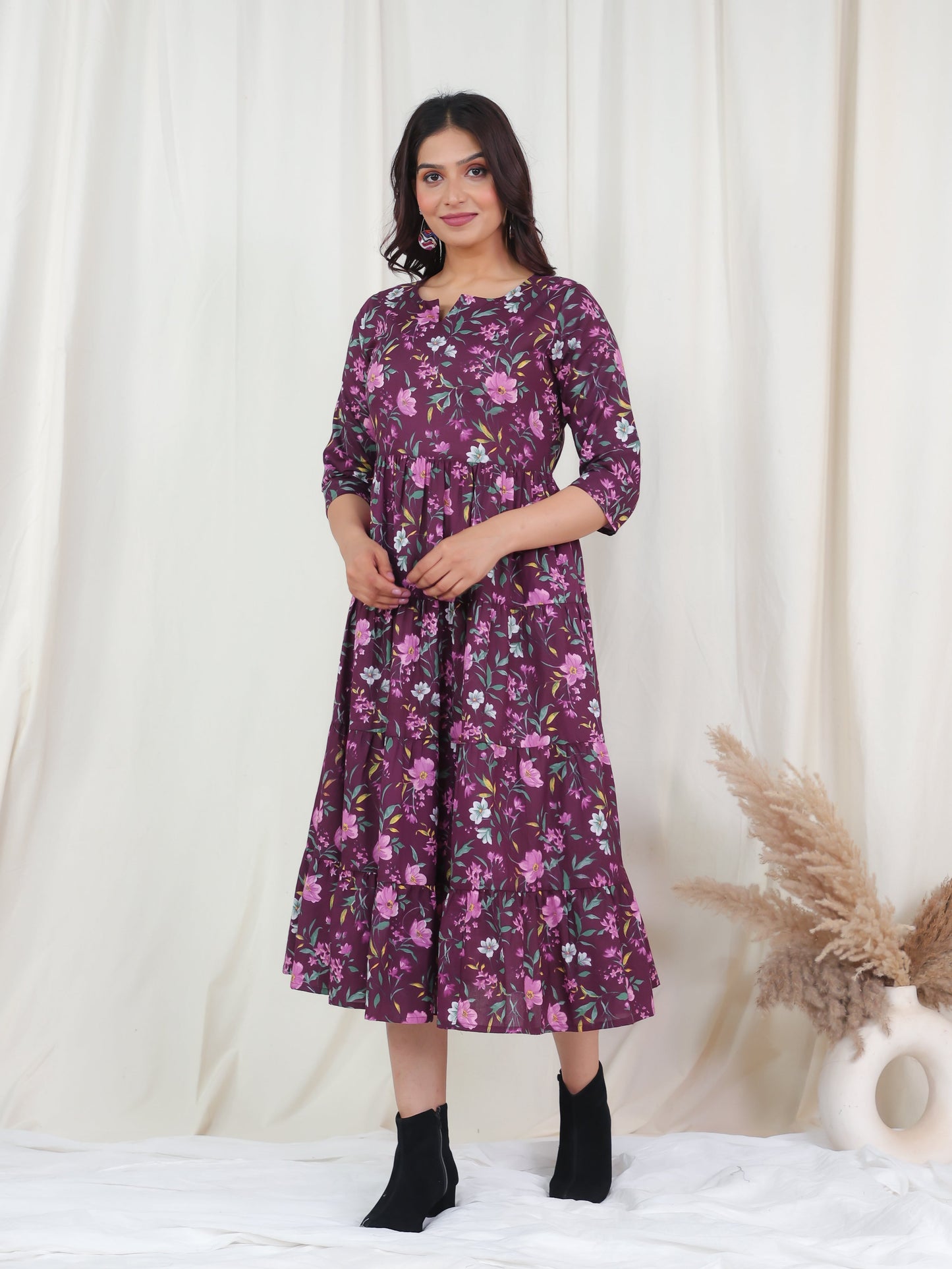 Soft Cotton Floral Anarkali Wine Dress