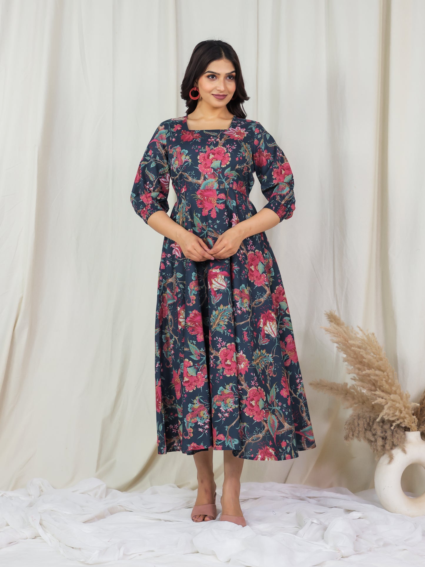 Soft Cotton Floral Flared Multicolor Dress