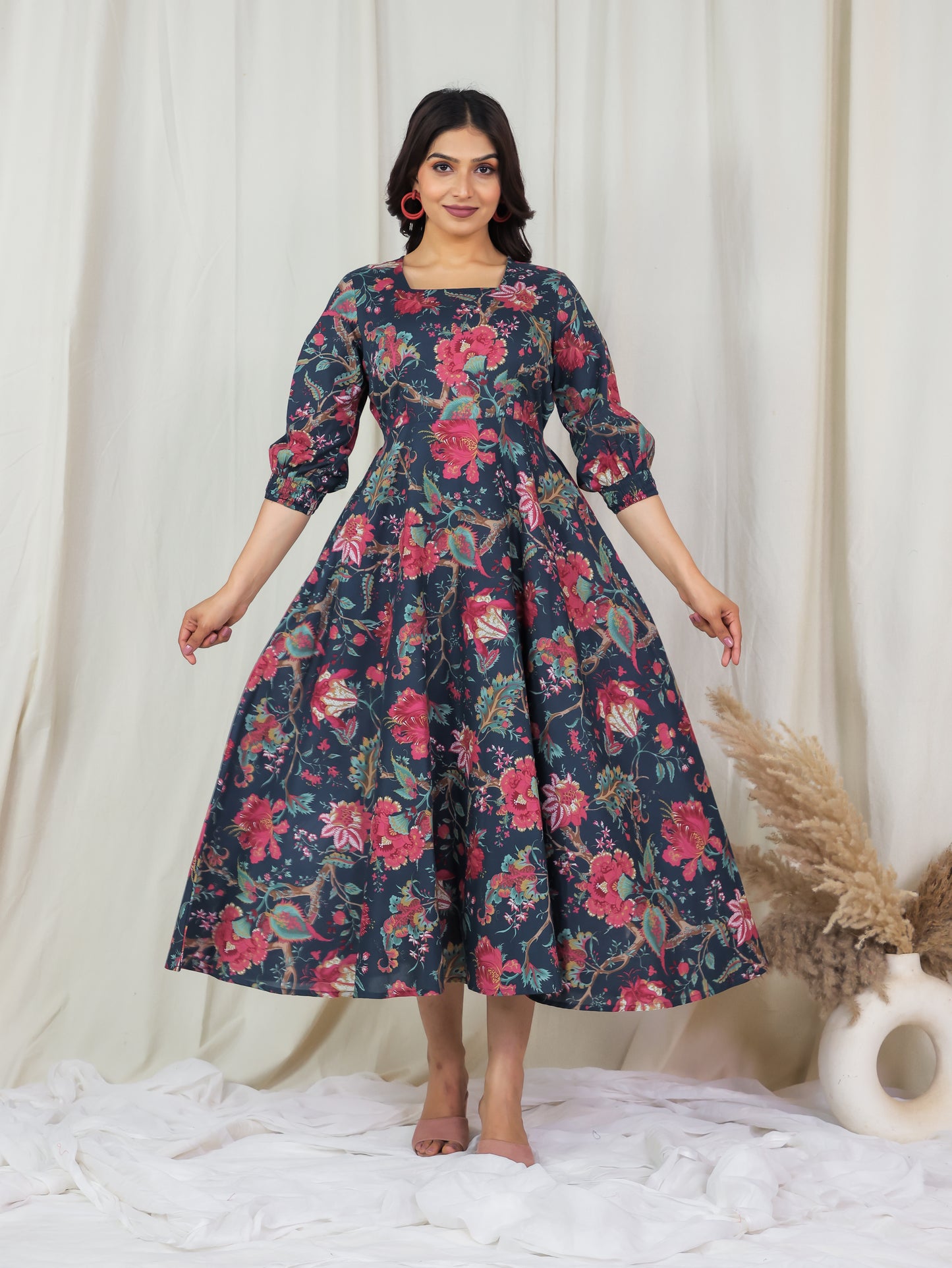 Soft Cotton Floral Flared Multicolor Dress