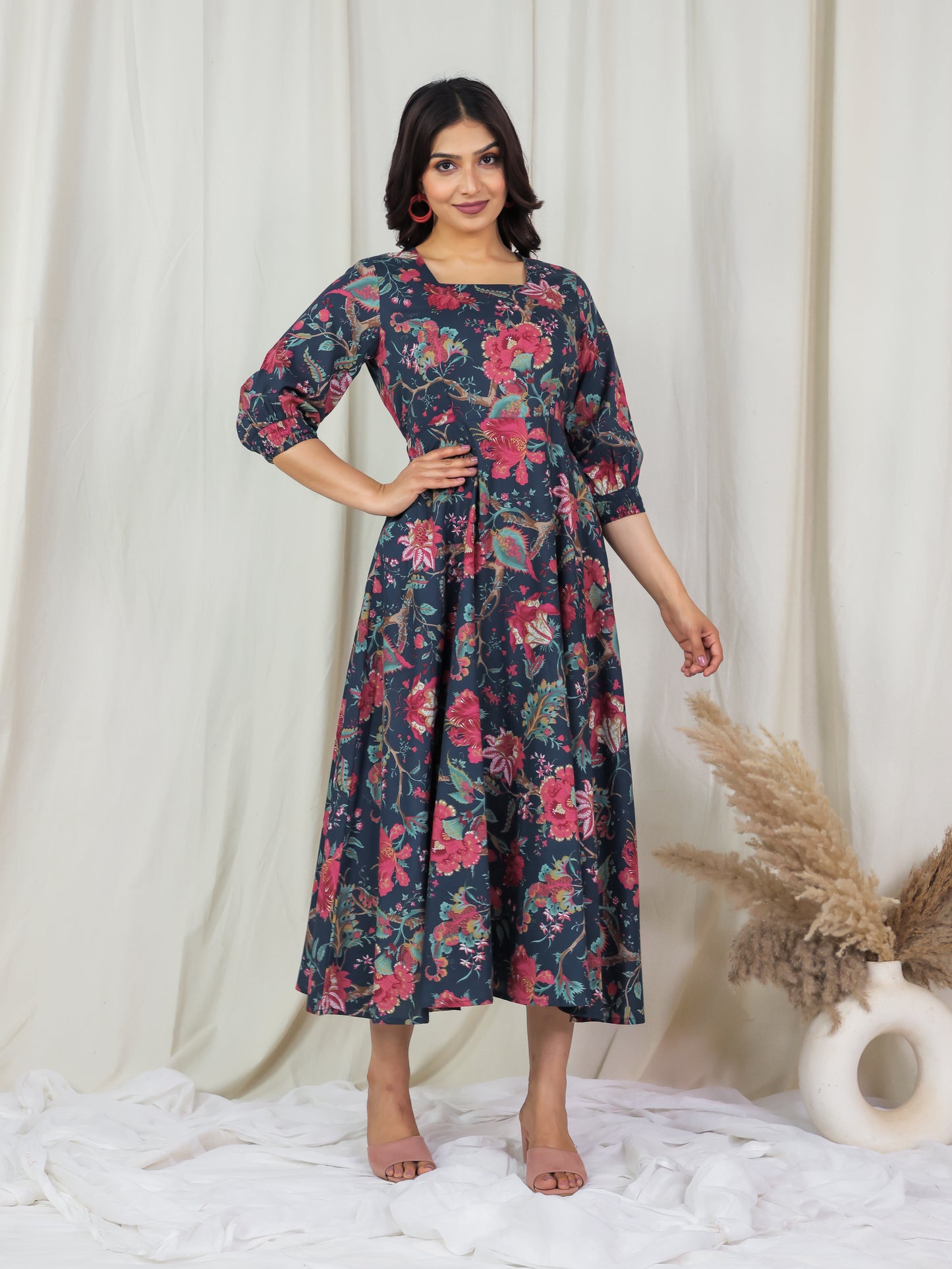Soft Cotton Floral Flared Multicolor Dress