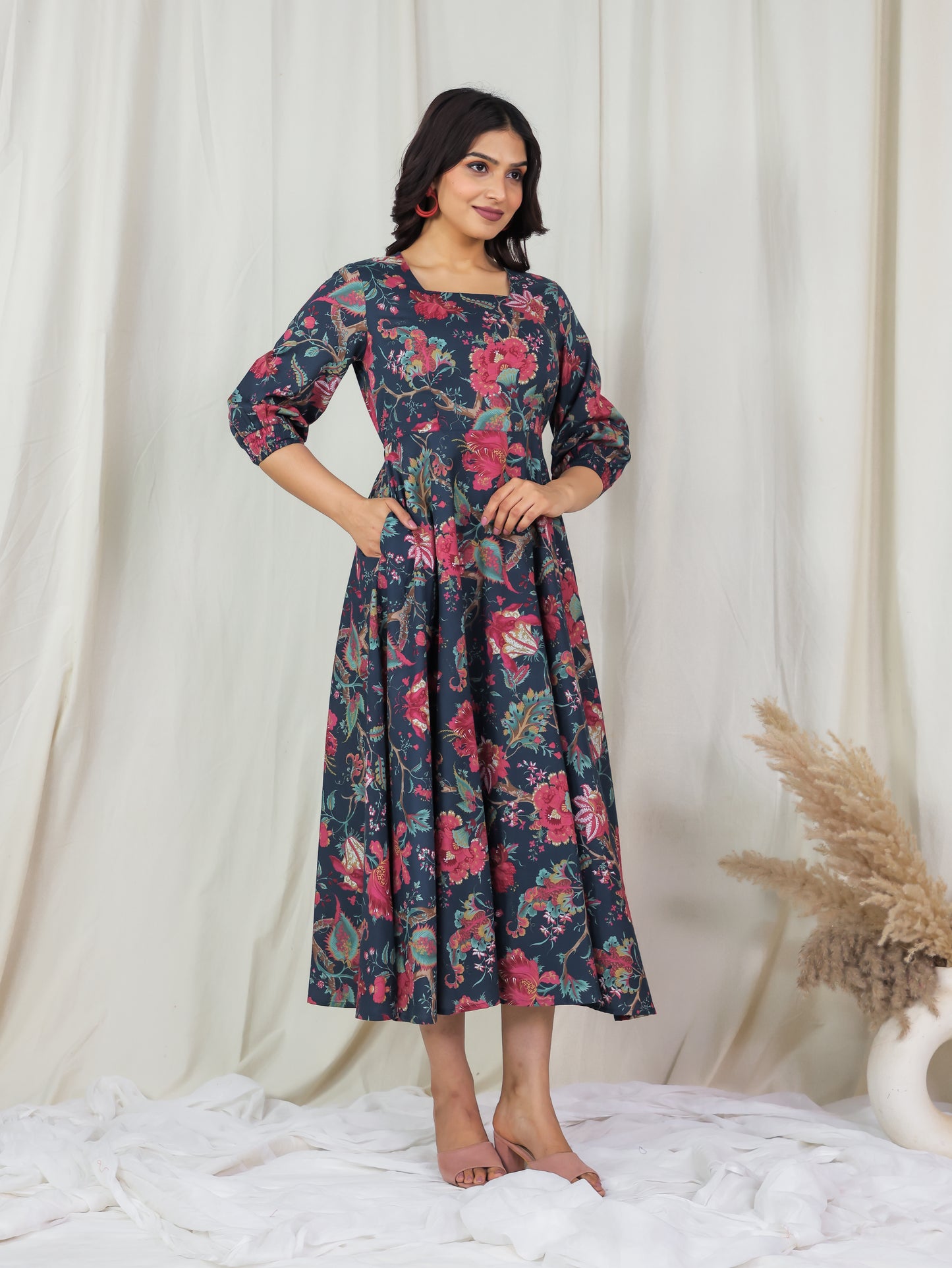 Soft Cotton Floral Flared Multicolor Dress