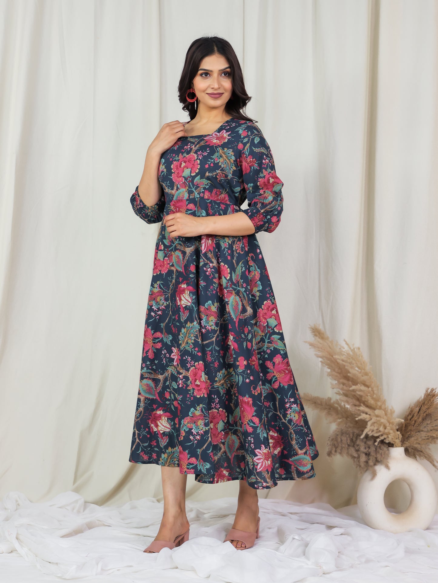 Soft Cotton Floral Flared Multicolor Dress