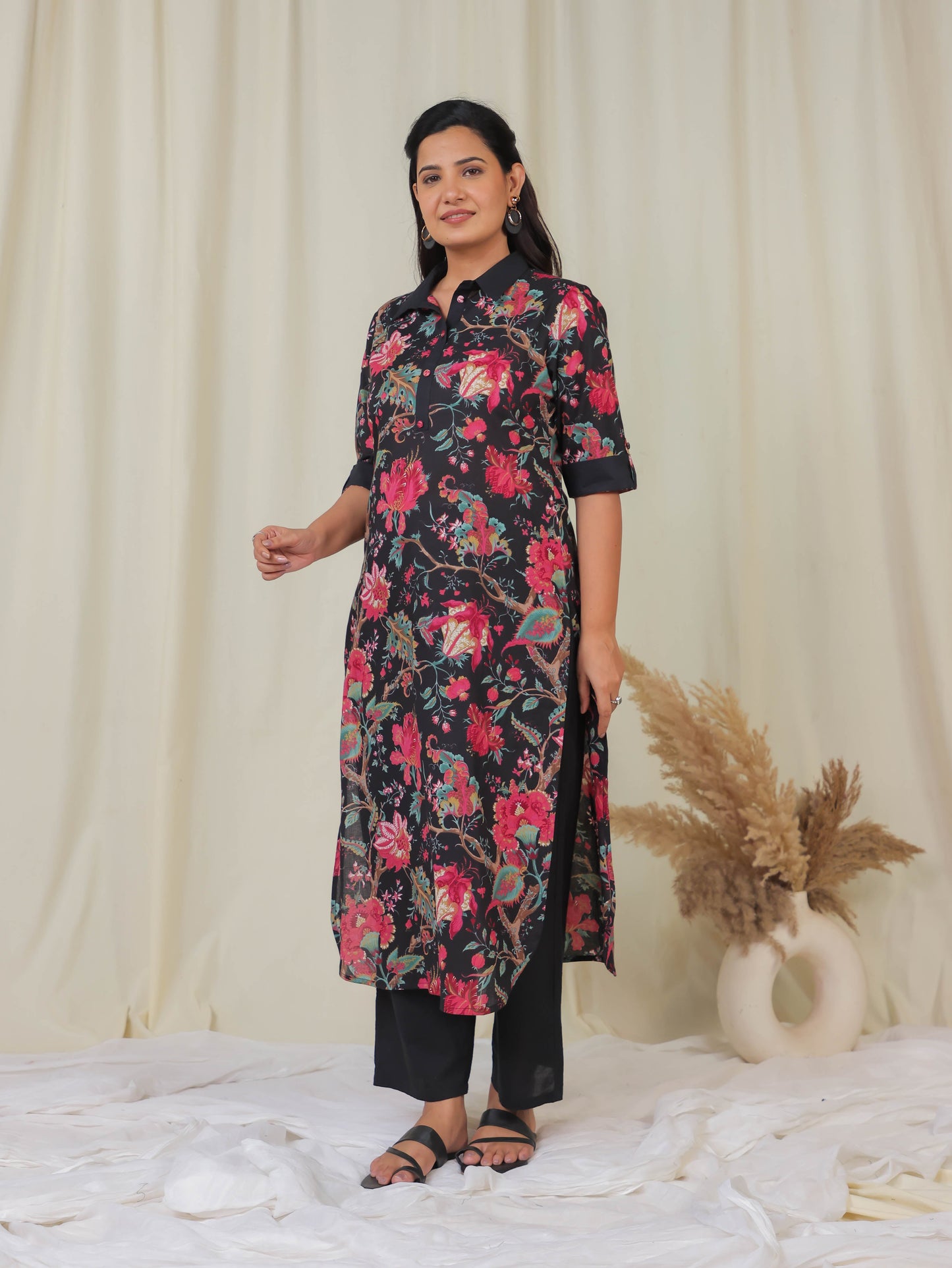 Soft Cotton Floral Pathani Black Kurta
