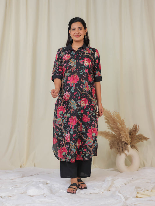Soft Cotton Floral Pathani Black Kurta