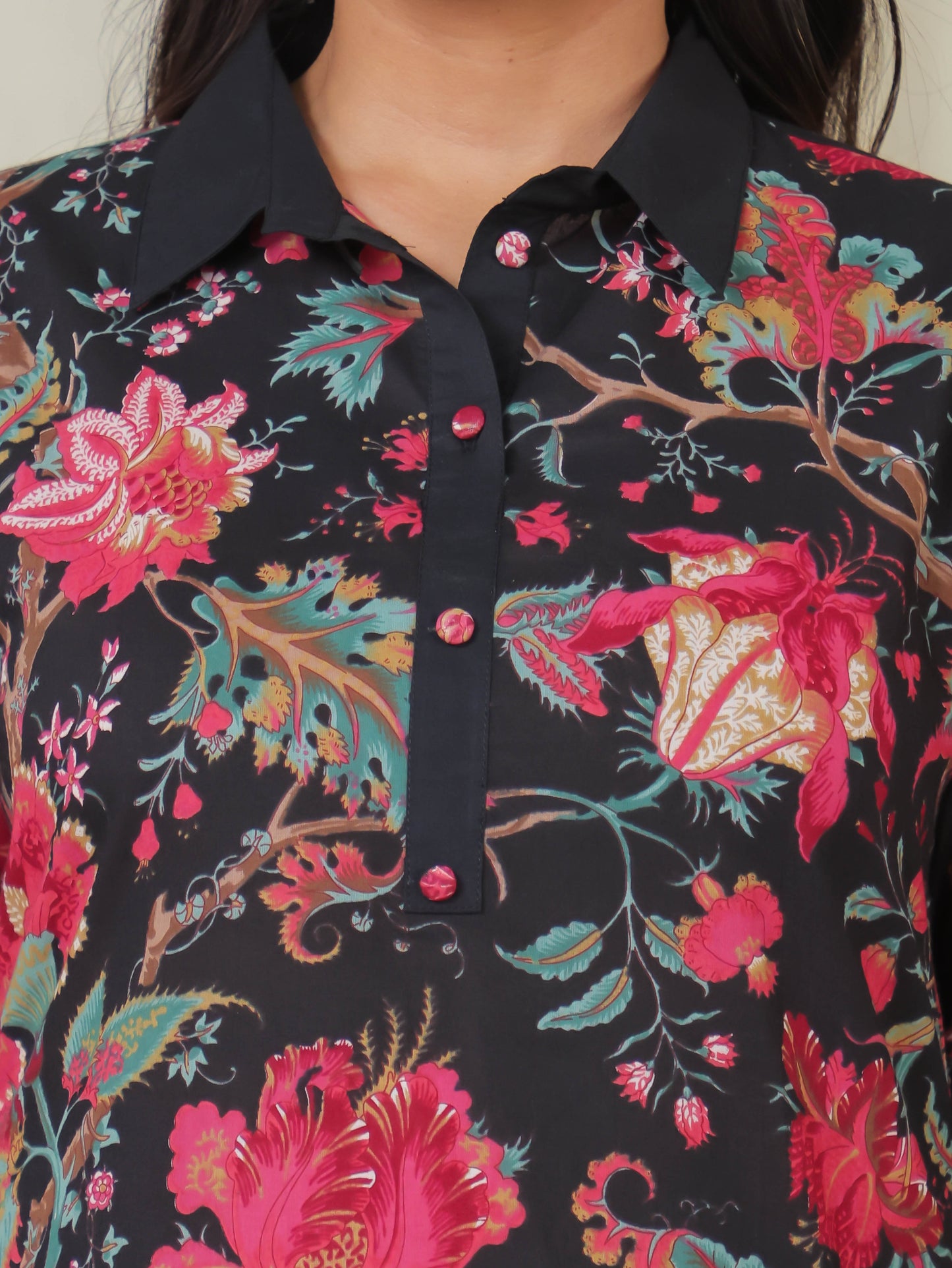 Soft Cotton Floral Pathani Black Kurta