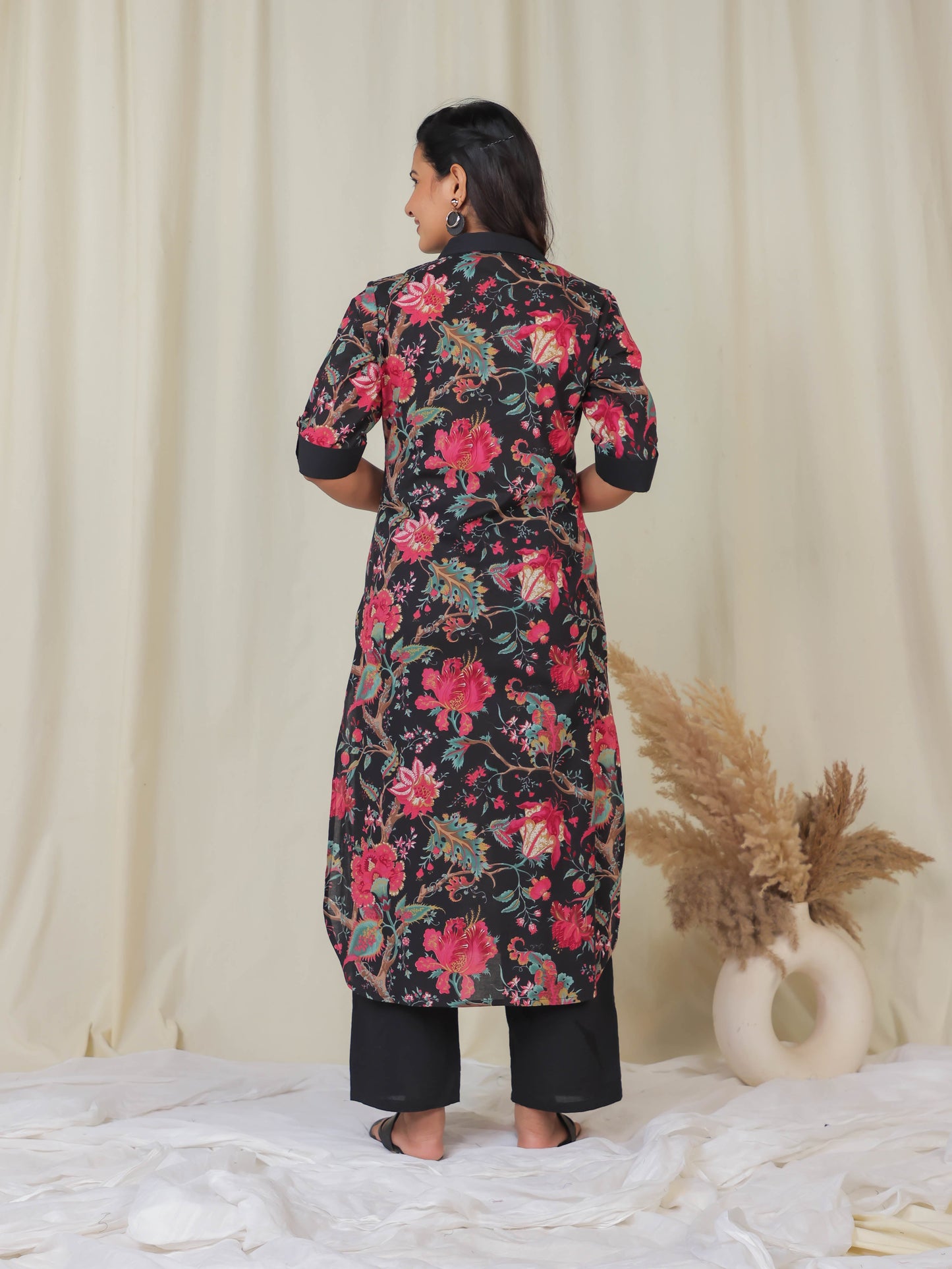 Soft Cotton Floral Pathani Black Kurta