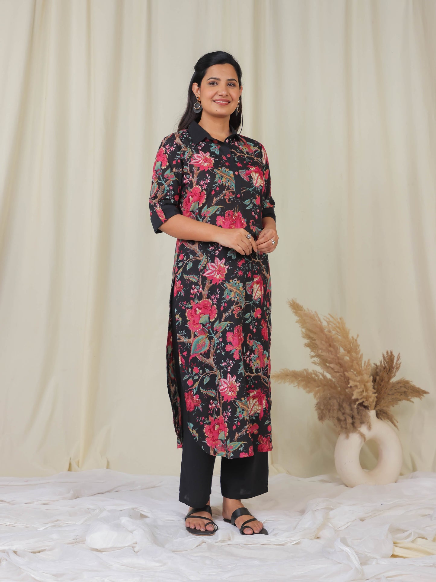 Soft Cotton Floral Pathani Black Kurta