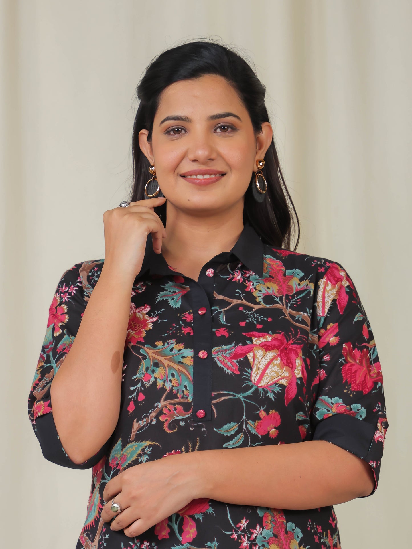 Soft Cotton Floral Pathani Black Kurta