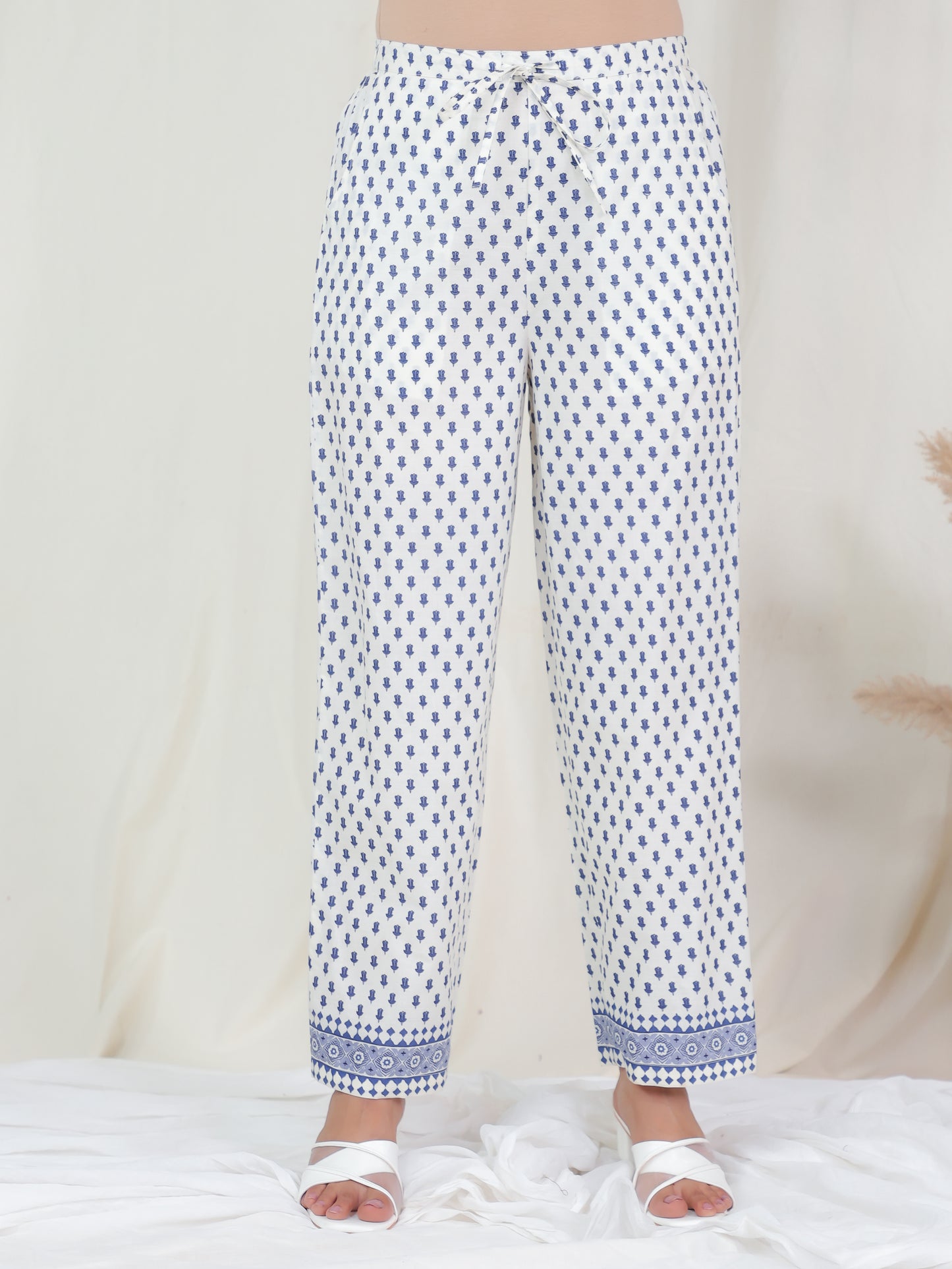 Soft Cotton Butti Off White Straight Trousers