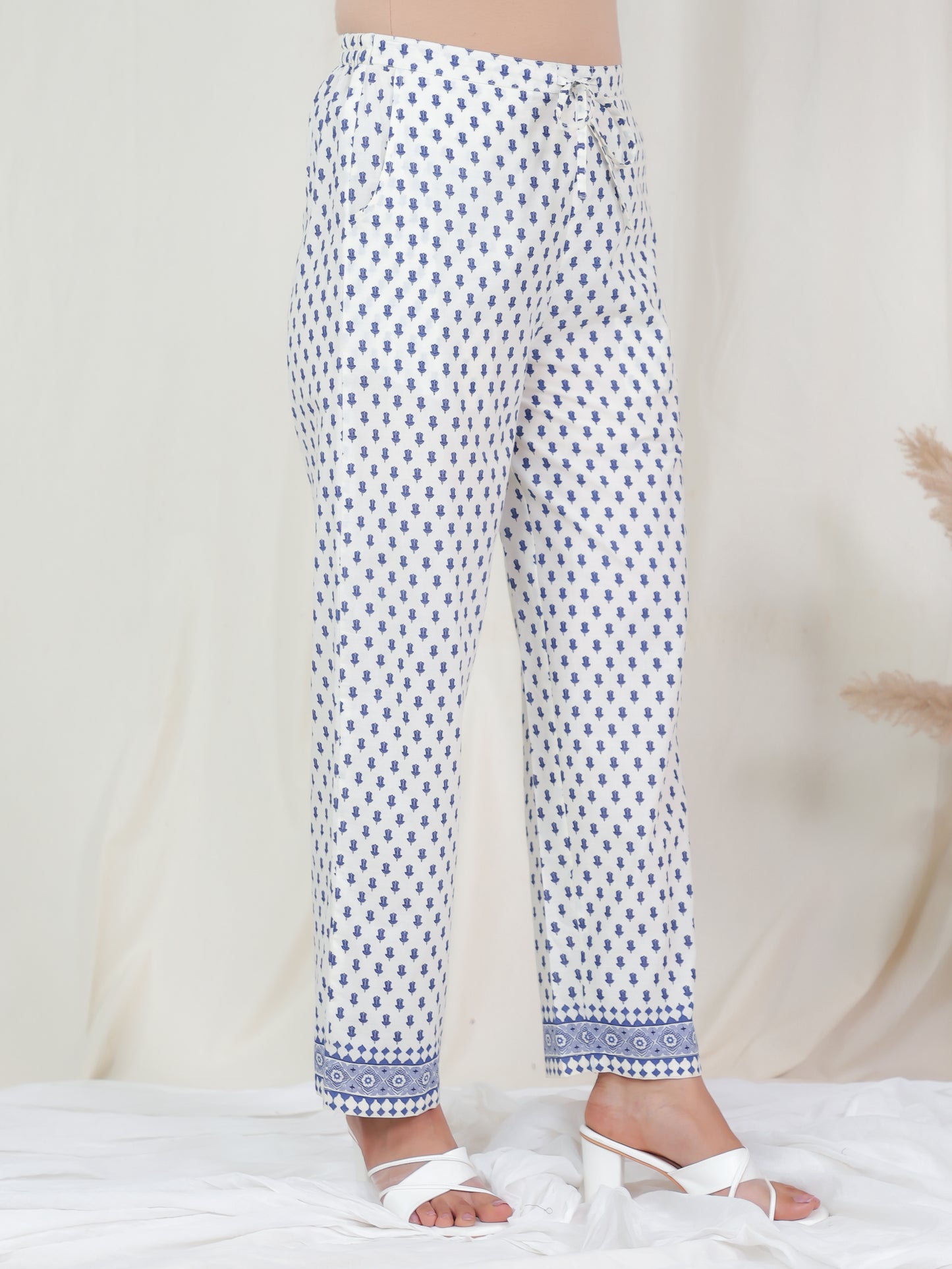 Soft Cotton Butti Off White Straight Trousers