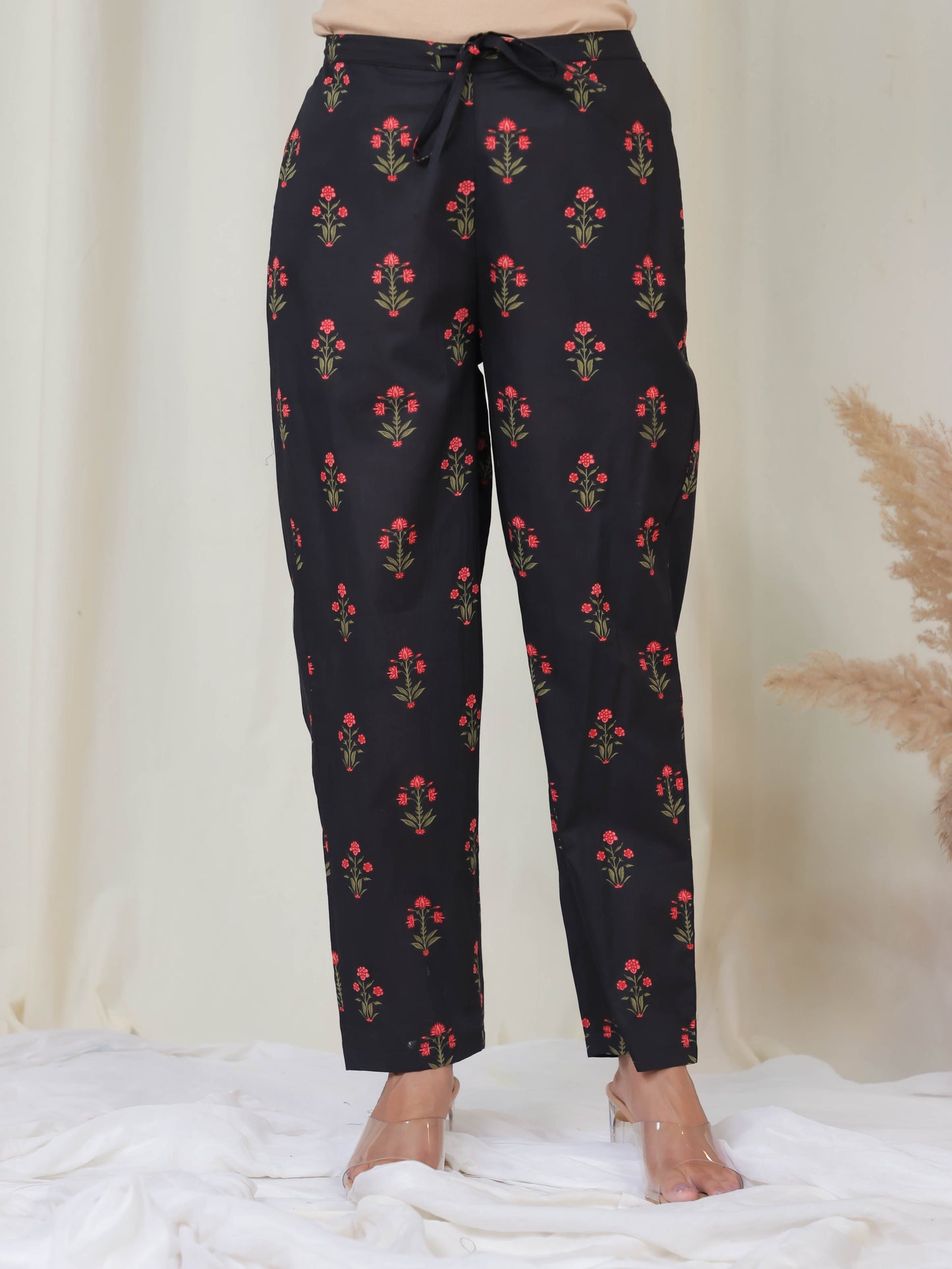 Soft Cotton Floral Black Tapered Trousers
