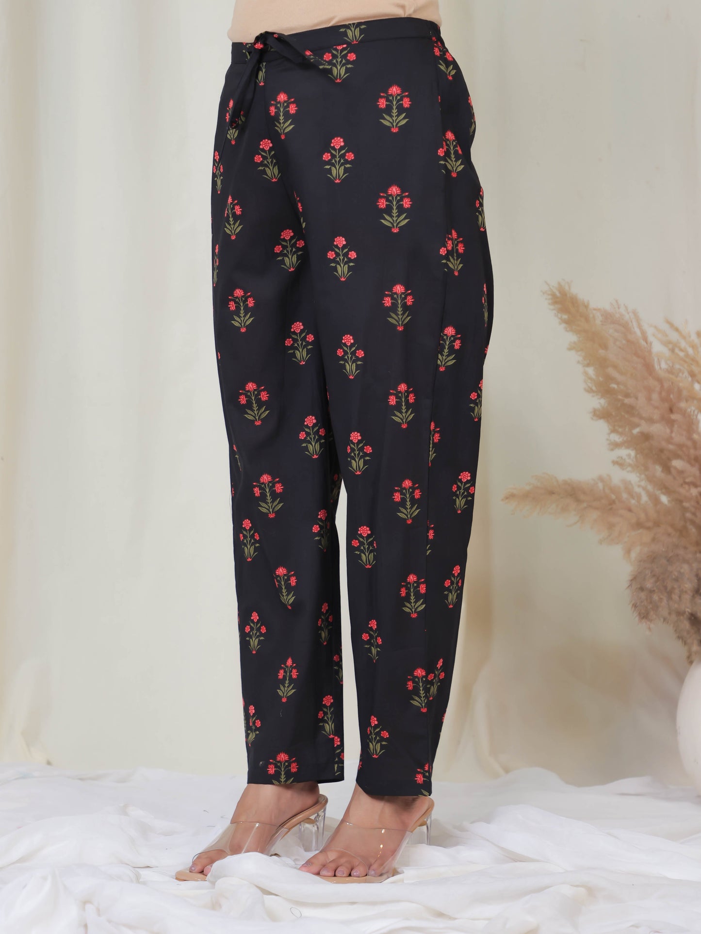 Soft Cotton Floral Black Tapered Trousers
