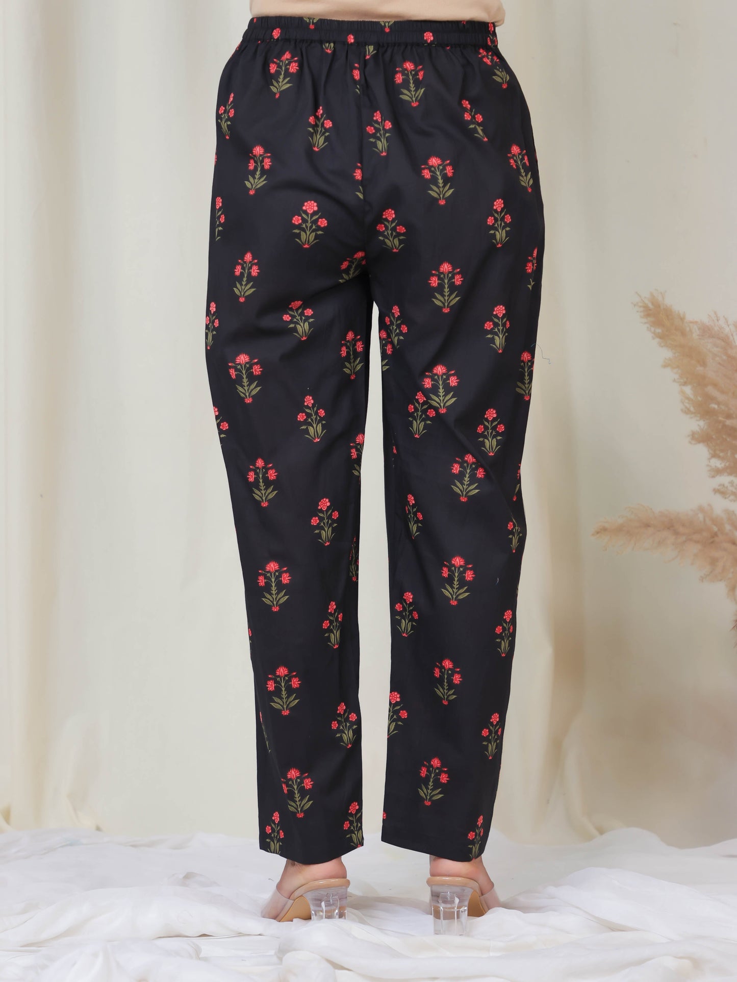 Soft Cotton Floral Black Tapered Trousers