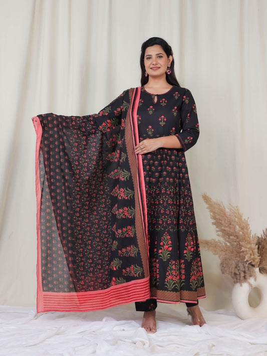 Cotton Voile Floral Black Dupatta
