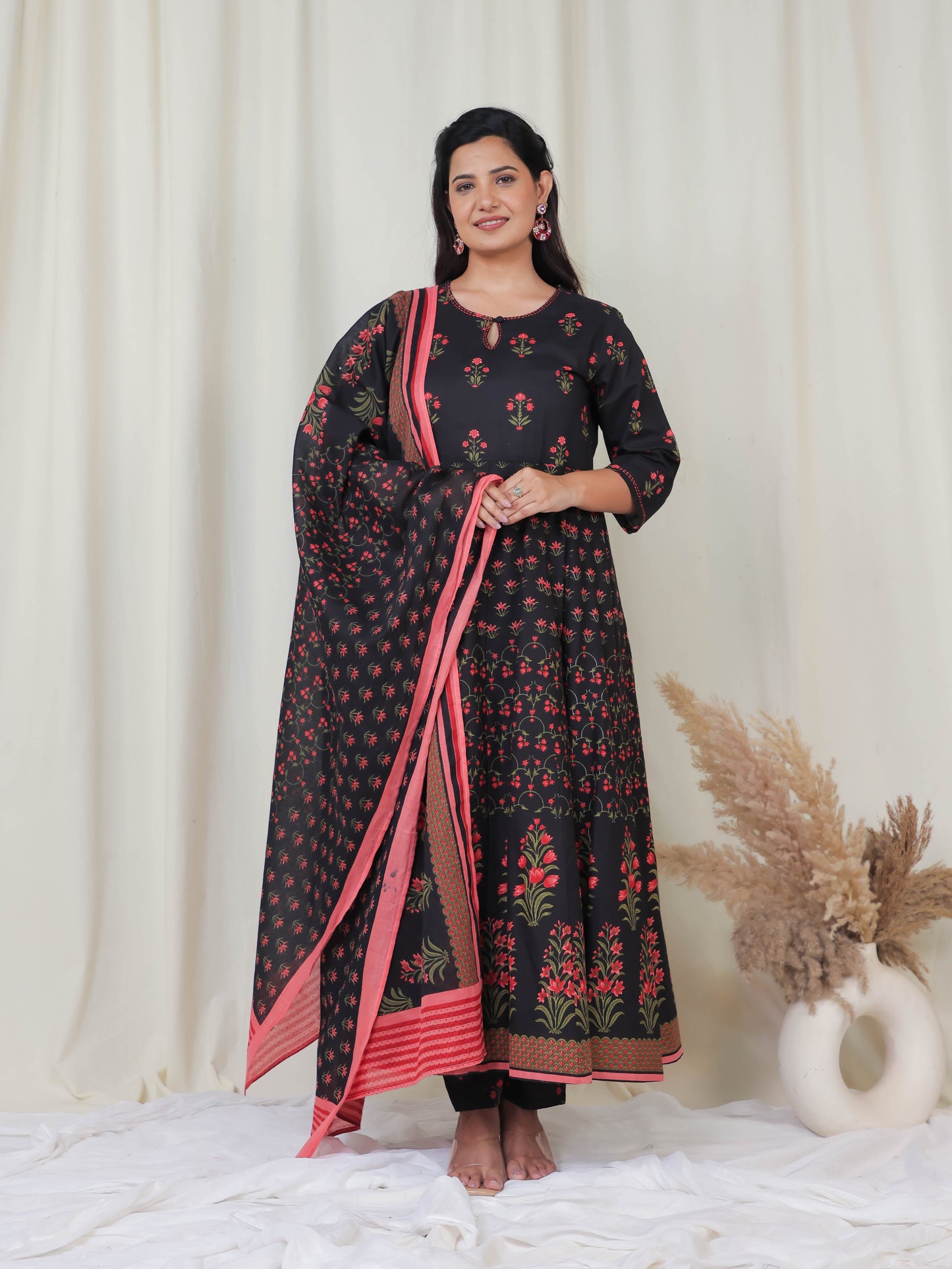 Cotton Voile Floral Black Dupatta